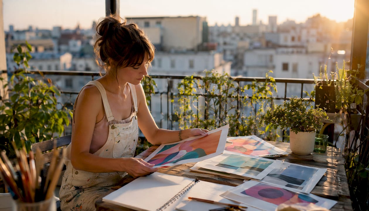 Artist examining contemporary art prints in studio