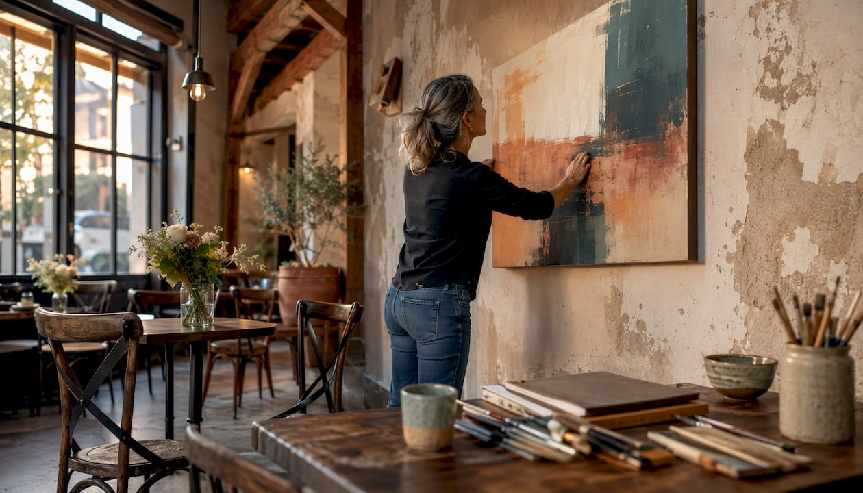 Woman hanging large canvas art in living room