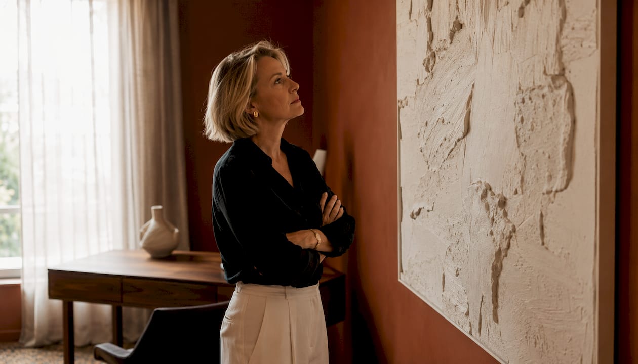 Woman examining textured plaster art in bright living room