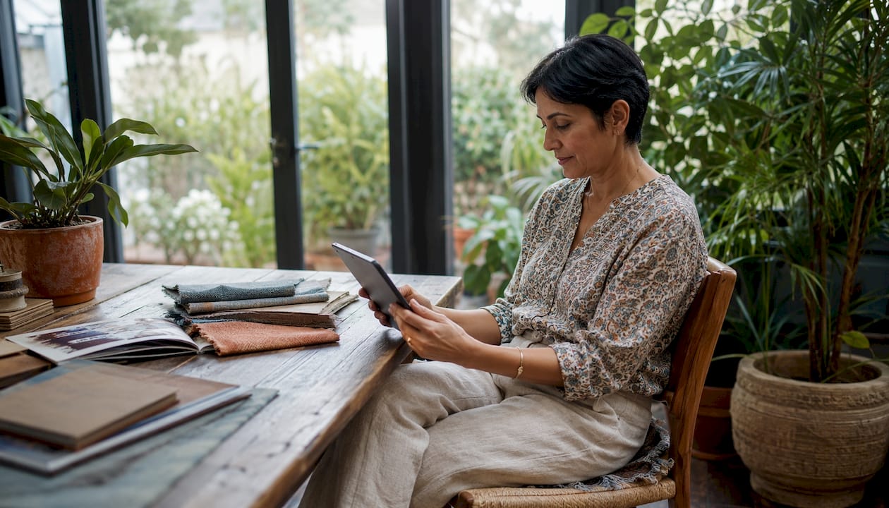 Woman browsing art alternatives online at home