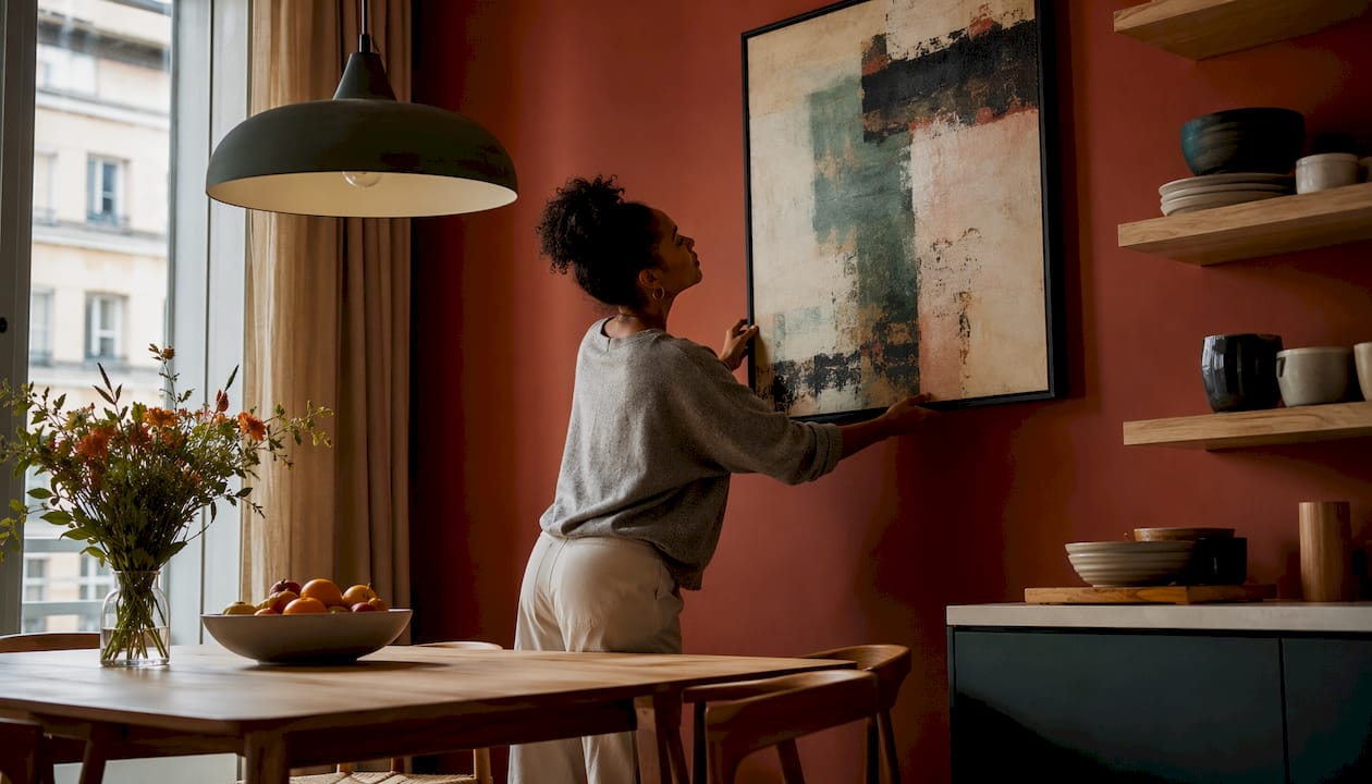 Woman hanging art in rental living room