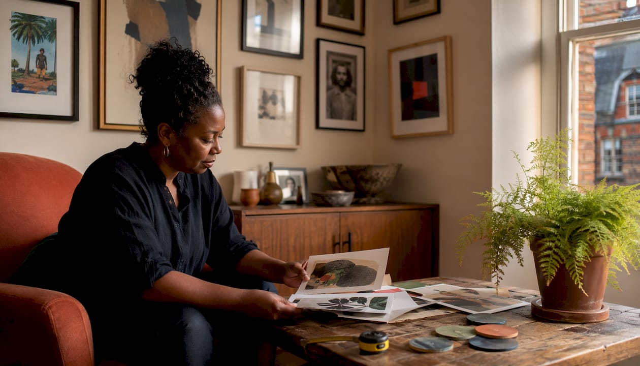 Woman browsing art prints in living room