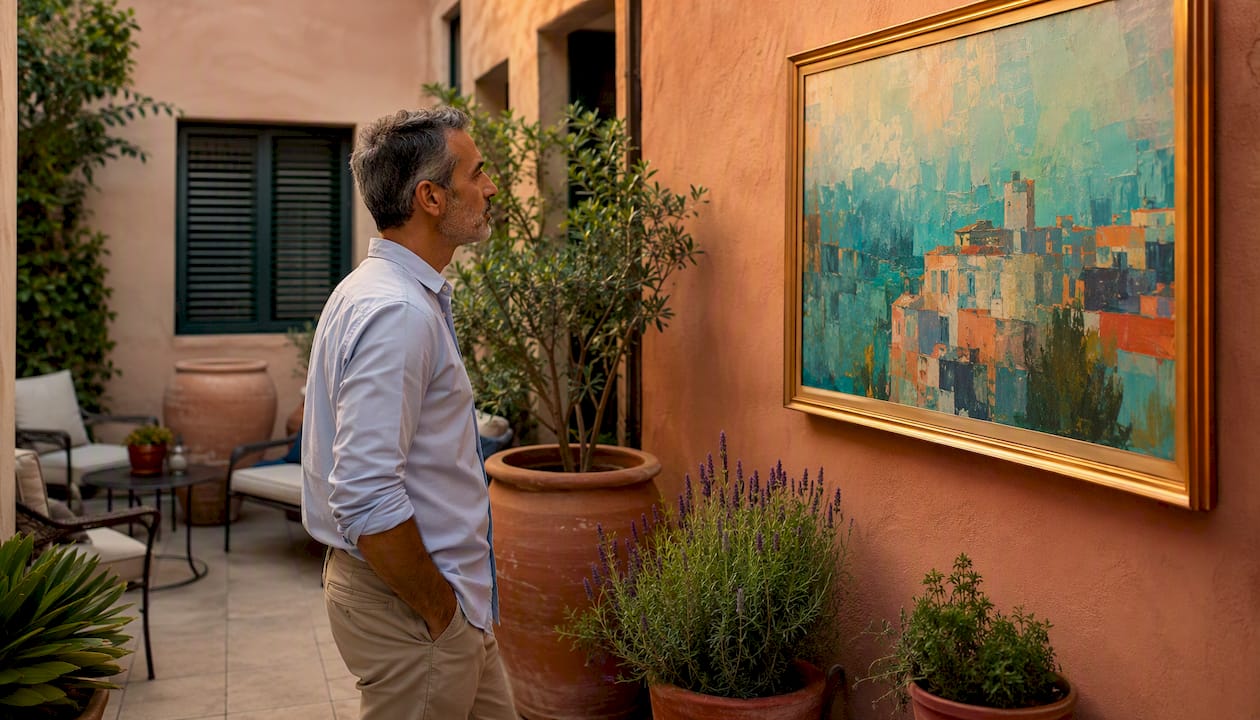 Landlord selecting art in rental living room