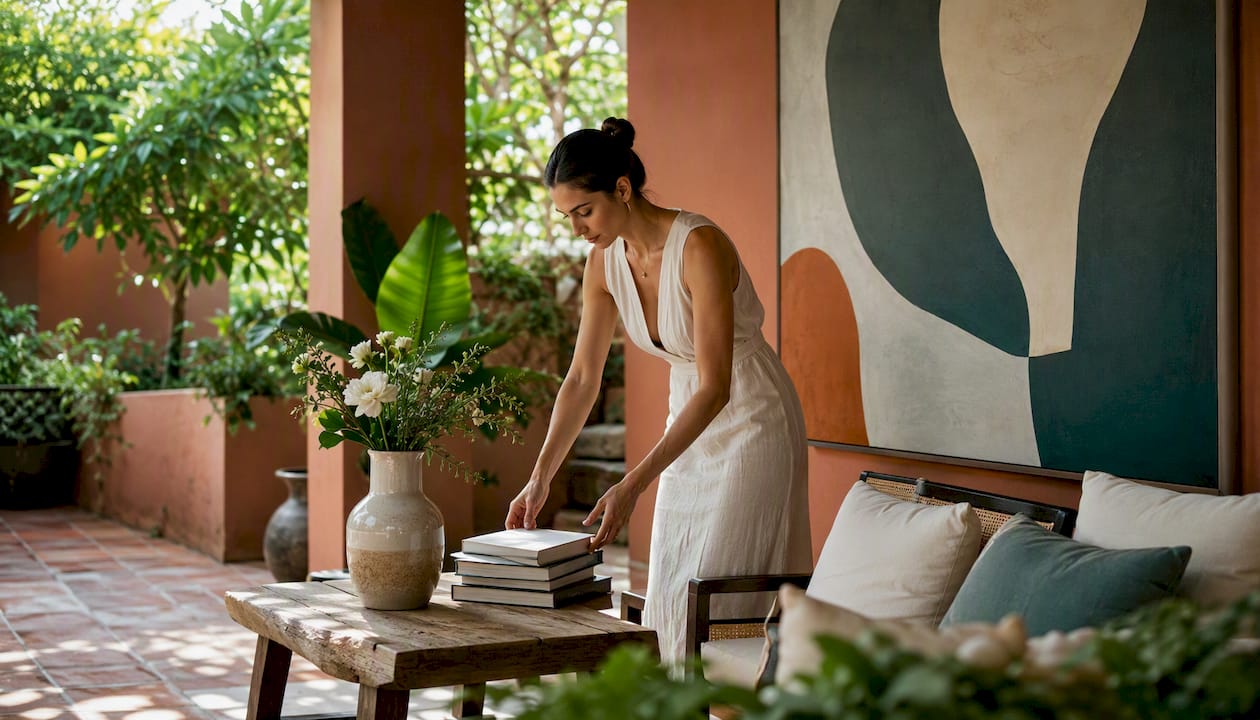 Woman arranging art books in mid-century living room