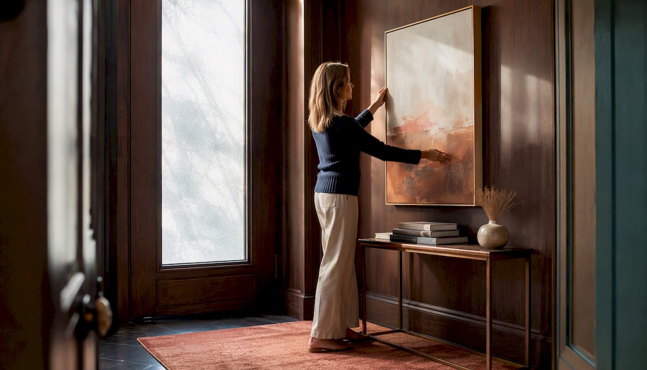 Woman hanging bright art in dark living room