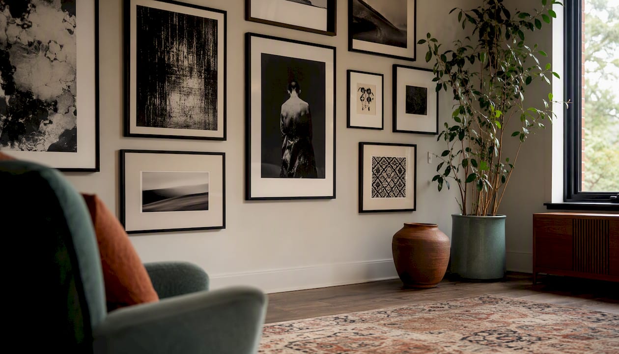 Monochrome art collection on living room wall
