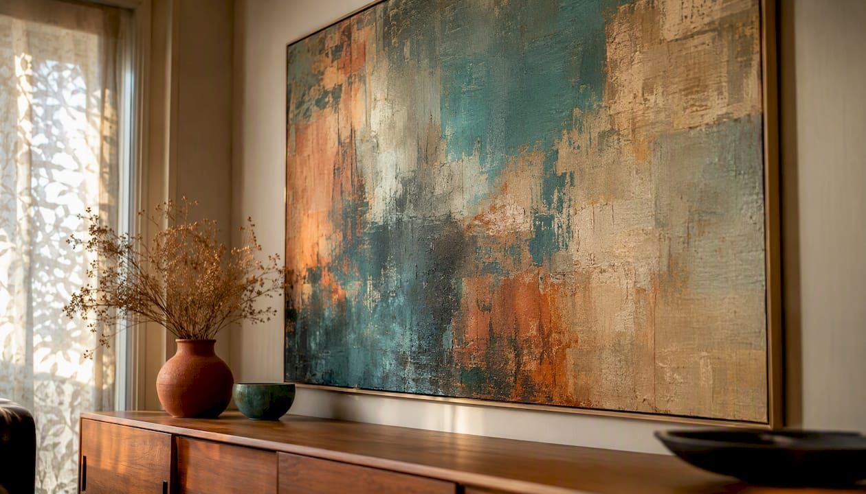 Large bold abstract art hung above sideboard