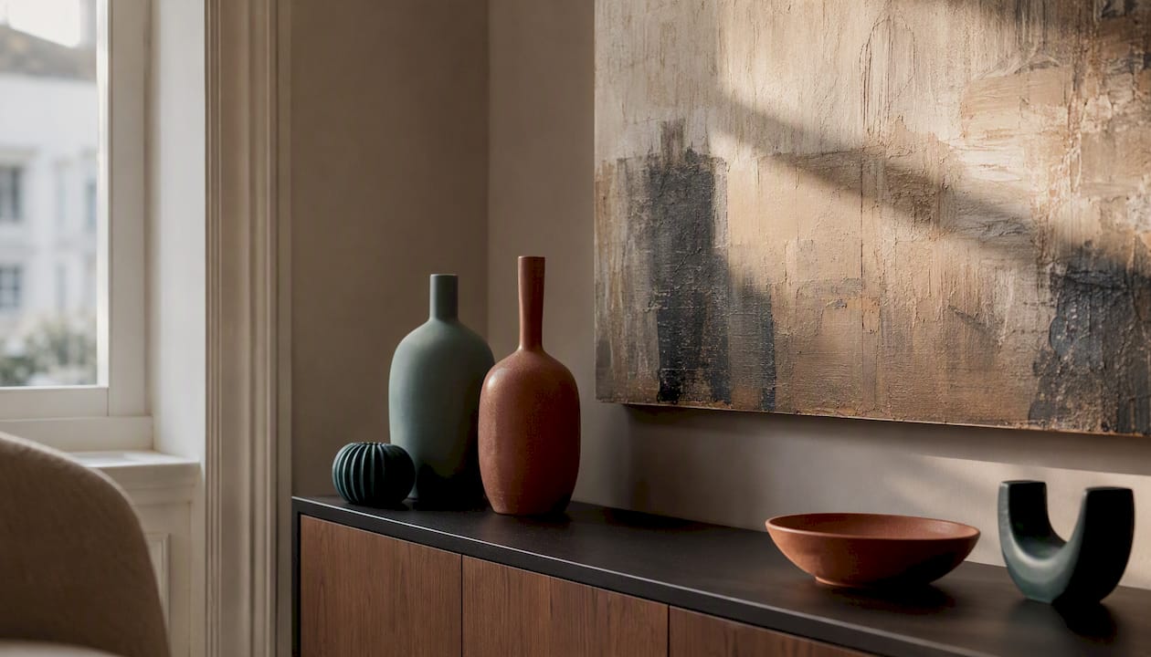 Neutral abstract wall art in living room