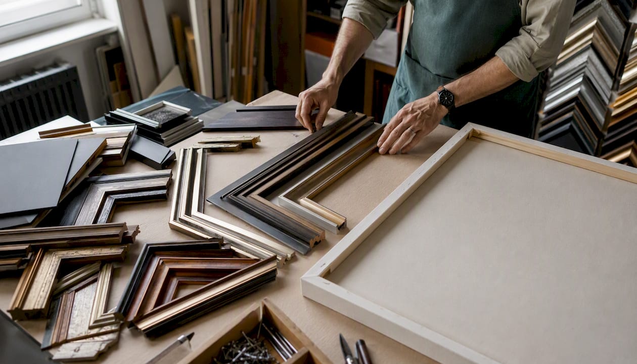 Close-up of framing moulding samples with canvas