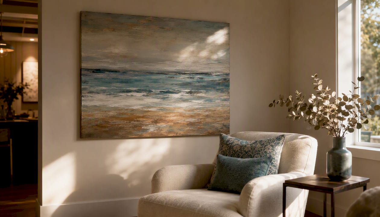 Residents lounge with calming landscape art