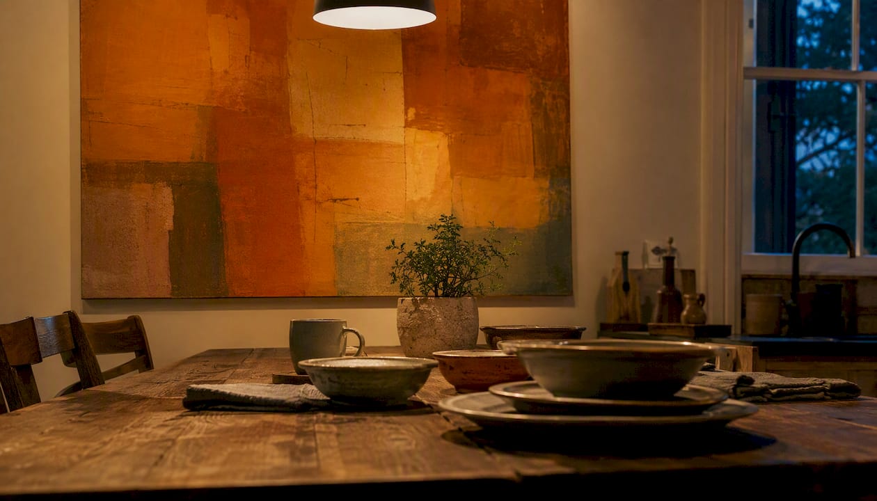 Warm glowing art in dimly lit living room