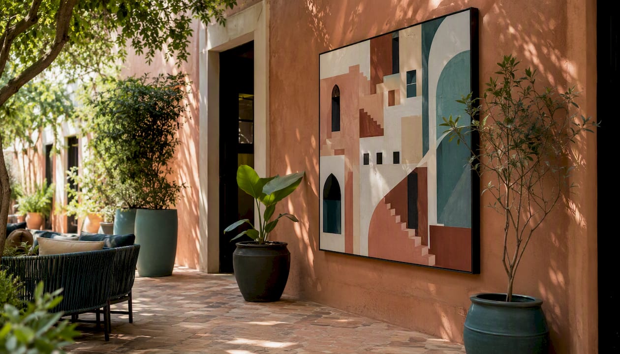Facade artwork in interior hallway