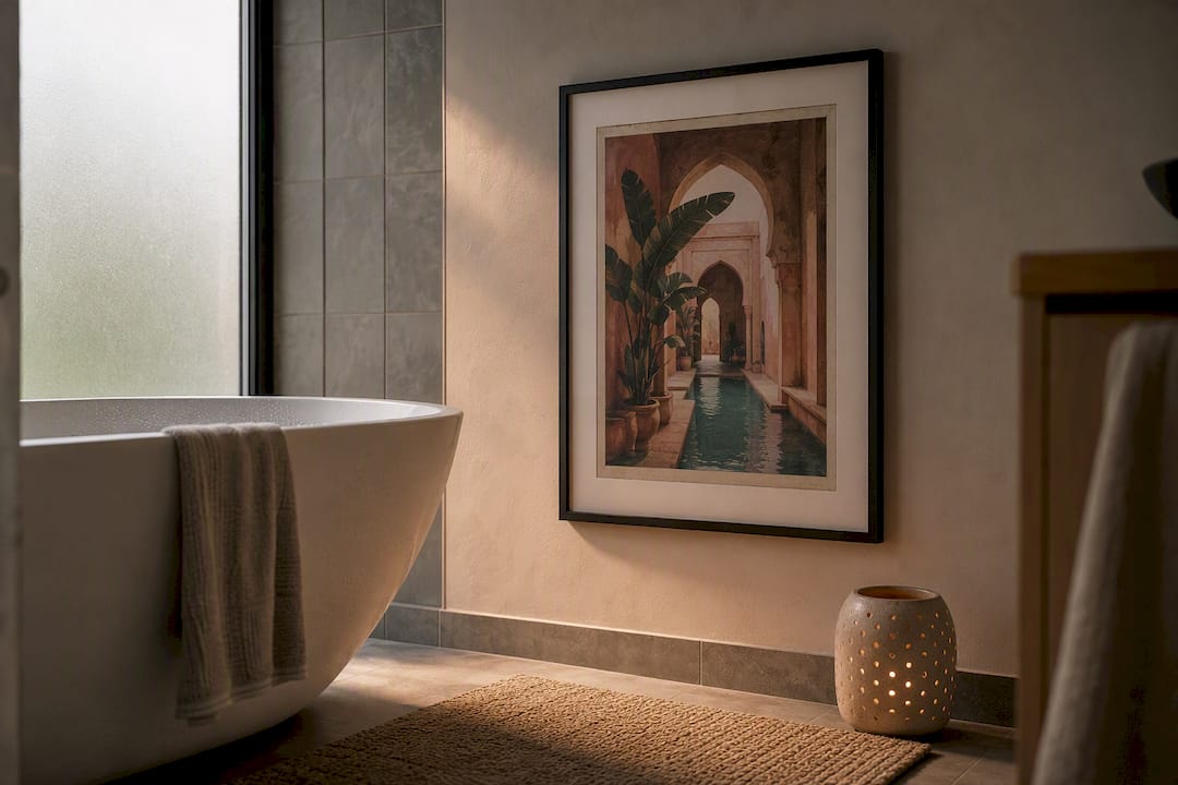 Bathroom wall with framed moisture-safe art print