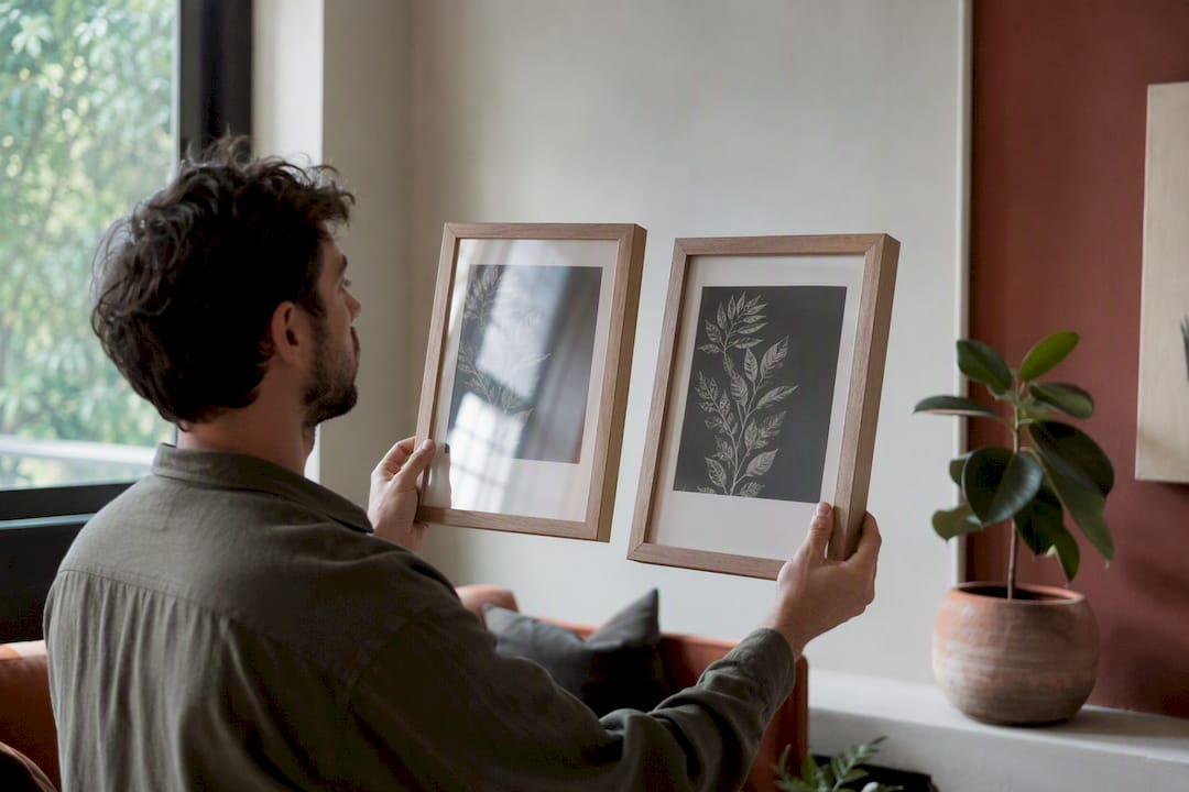 Hands holding acrylic and glass framed pictures