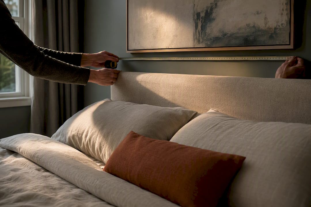 Hands measuring bed beneath cropped artwork
