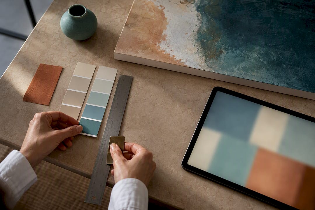 Commission planning materials beside abstract canvas edge