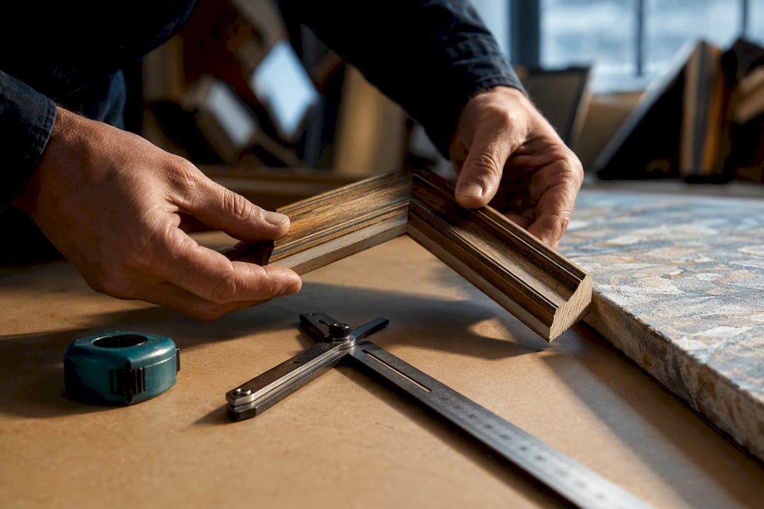 Hands inspecting a bespoke frame corner