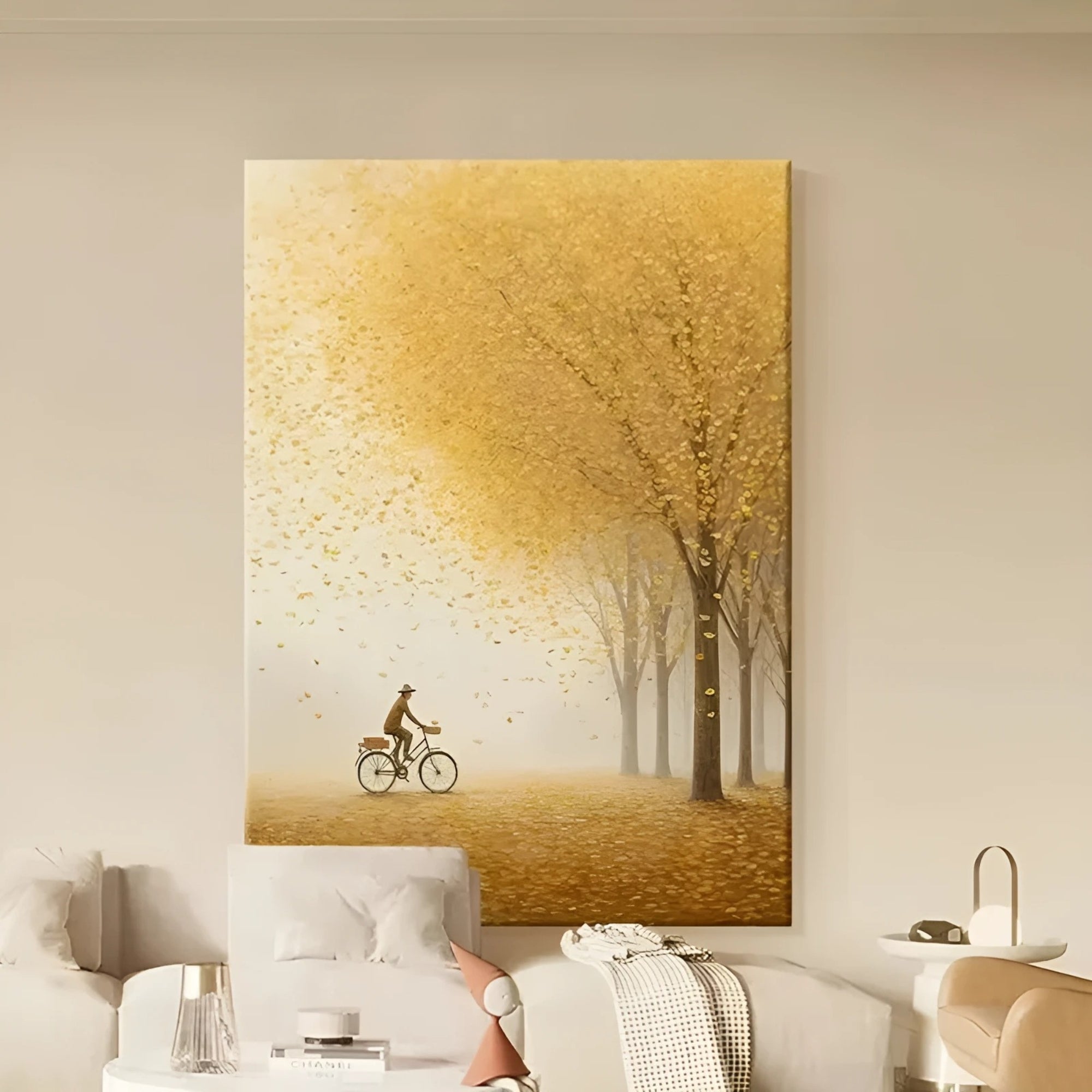 Handmade oil painting of autumn trees and cyclist, perfect for cozy kitchens or Scandinavian-style hallways