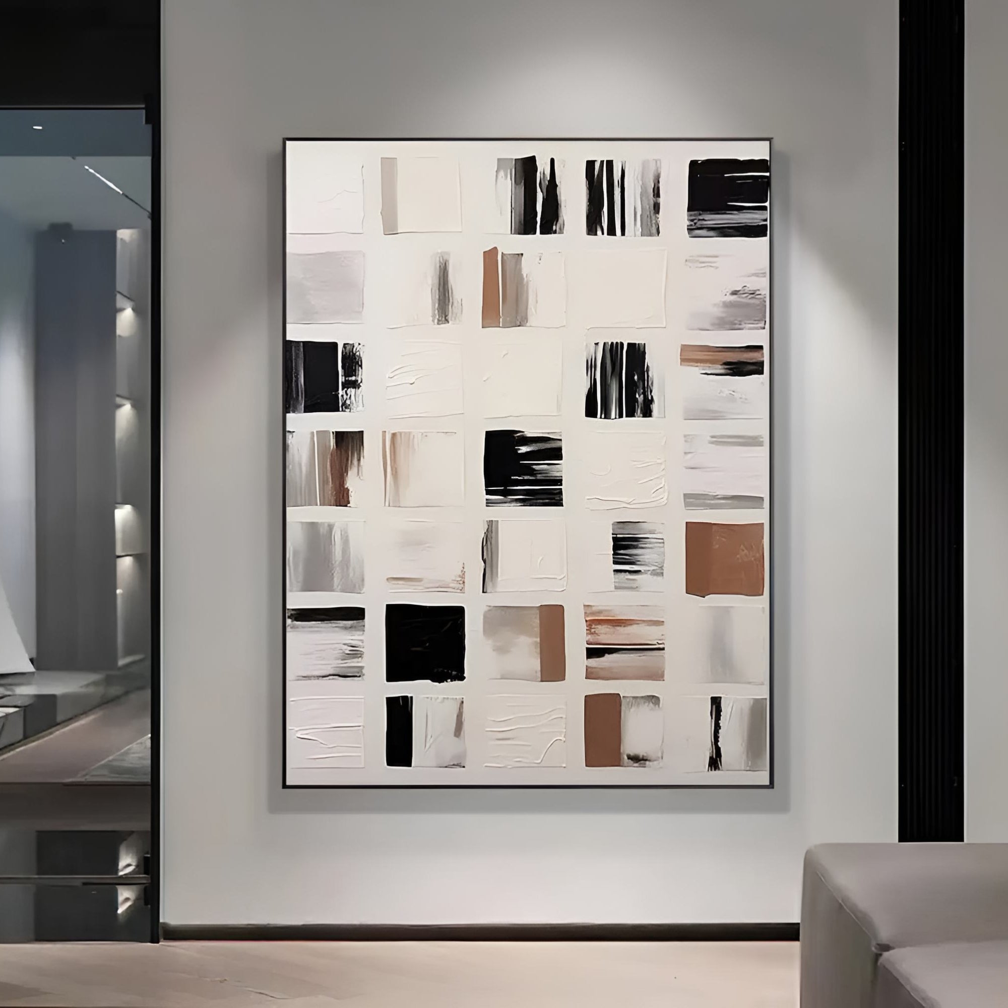 Modern abstract painting featuring a grid of textured brush strokes in neutral tones of beige, black, taupe, and white, ideal for contemporary interiors or minimalist office spaces.