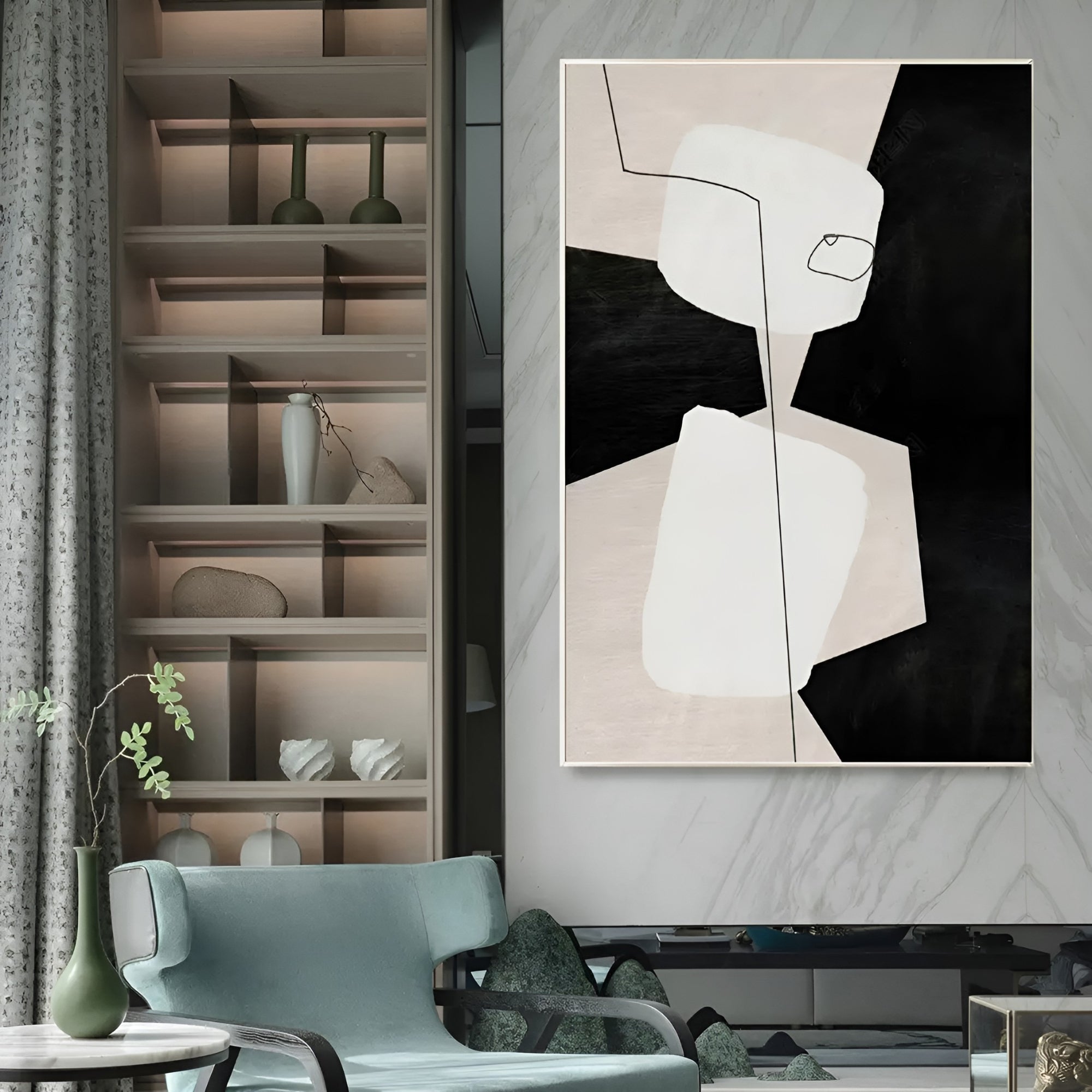 Large abstract artwork with bold black and neutral tones, ideal for a luxury living room or sophisticated office space.
