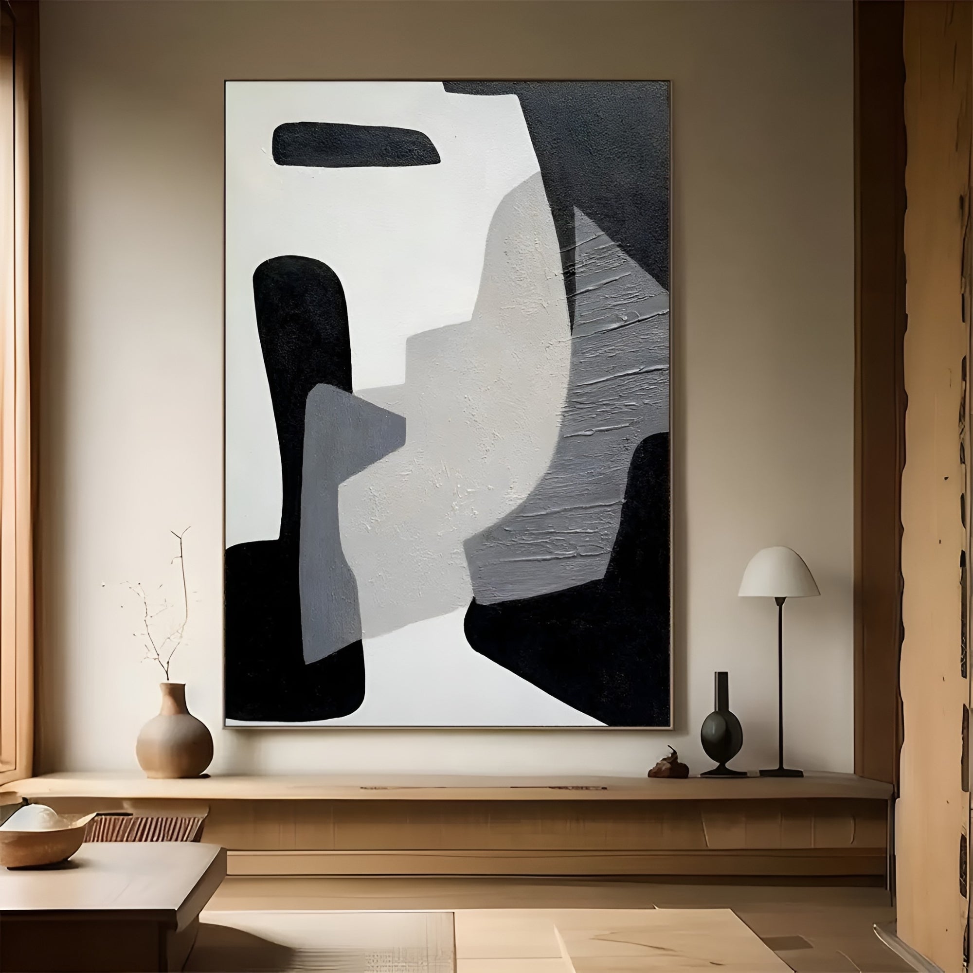 Minimalist black and white abstract painting in modern interior - Contemporary wall art for stylish home decor.