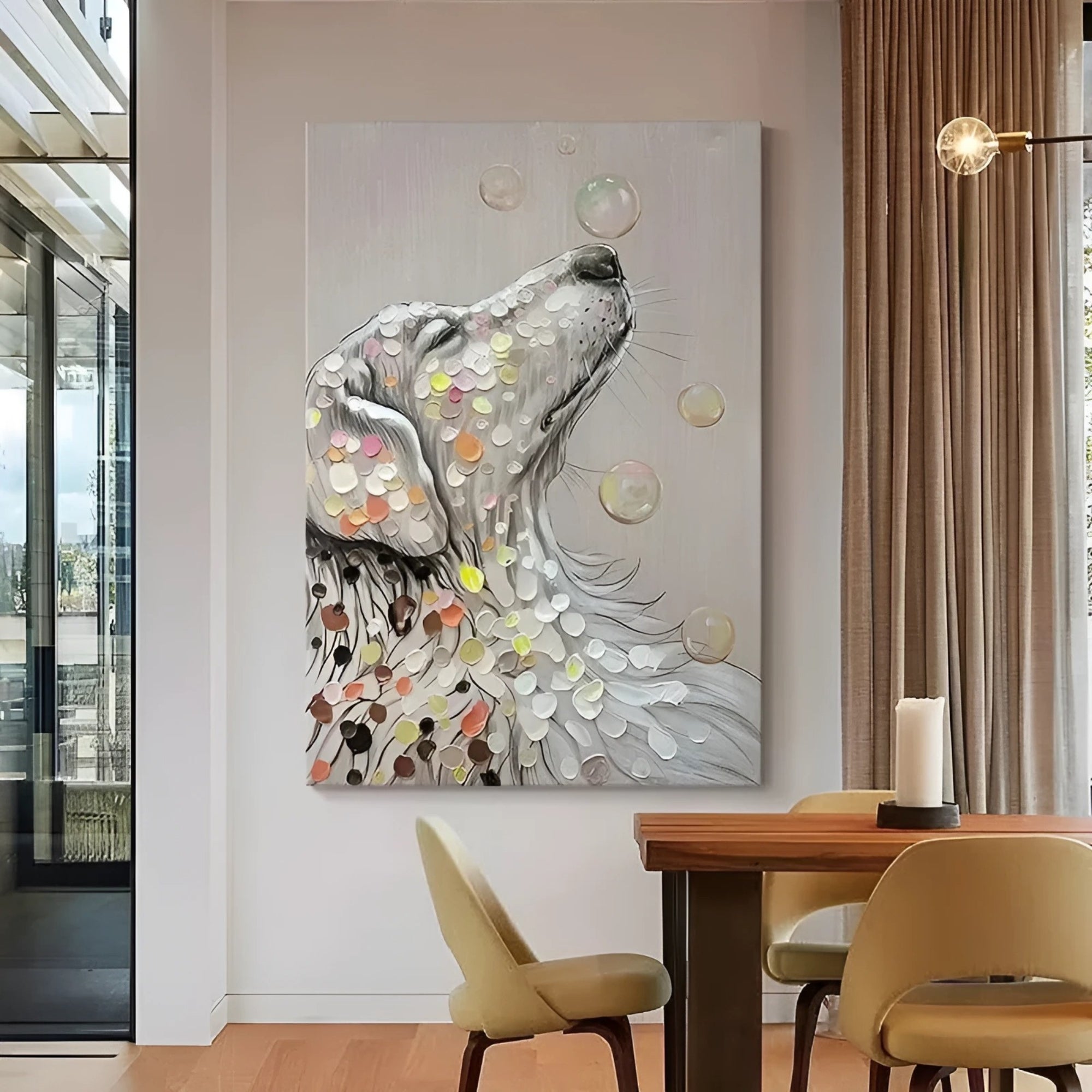 Hand-painted dog oil painting, ideal wall art for cozy dining rooms or modern nature-inspired interiors