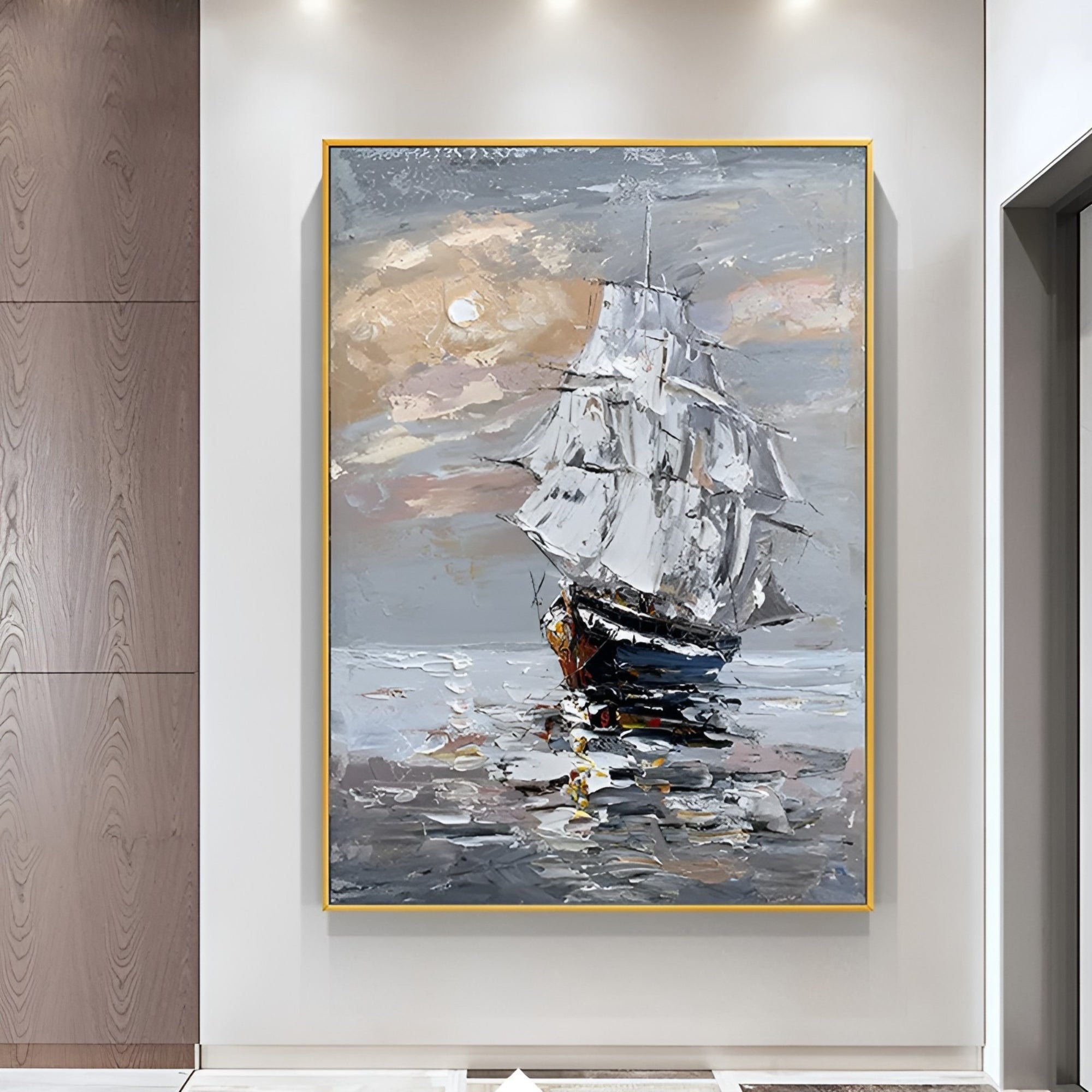 Framed sailboat artwork in oil, displayed above a wooden desk for coastal-inspired interior decoration.