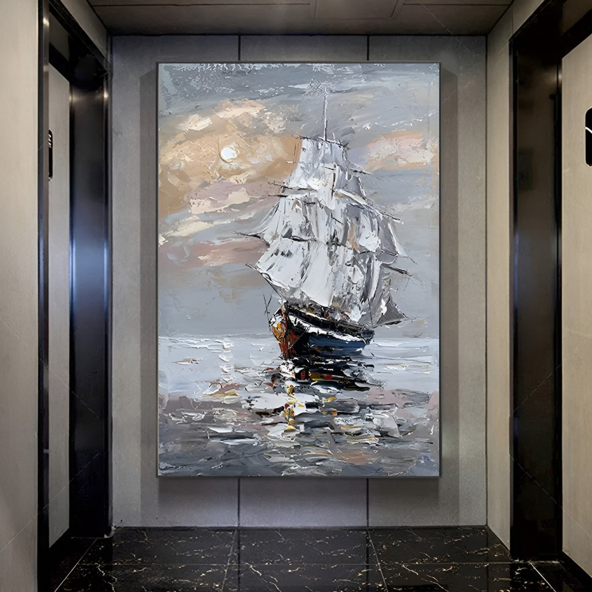 Handmade oil painting of a vintage sailboat at sea, featured in a minimalist modern workspace setting.