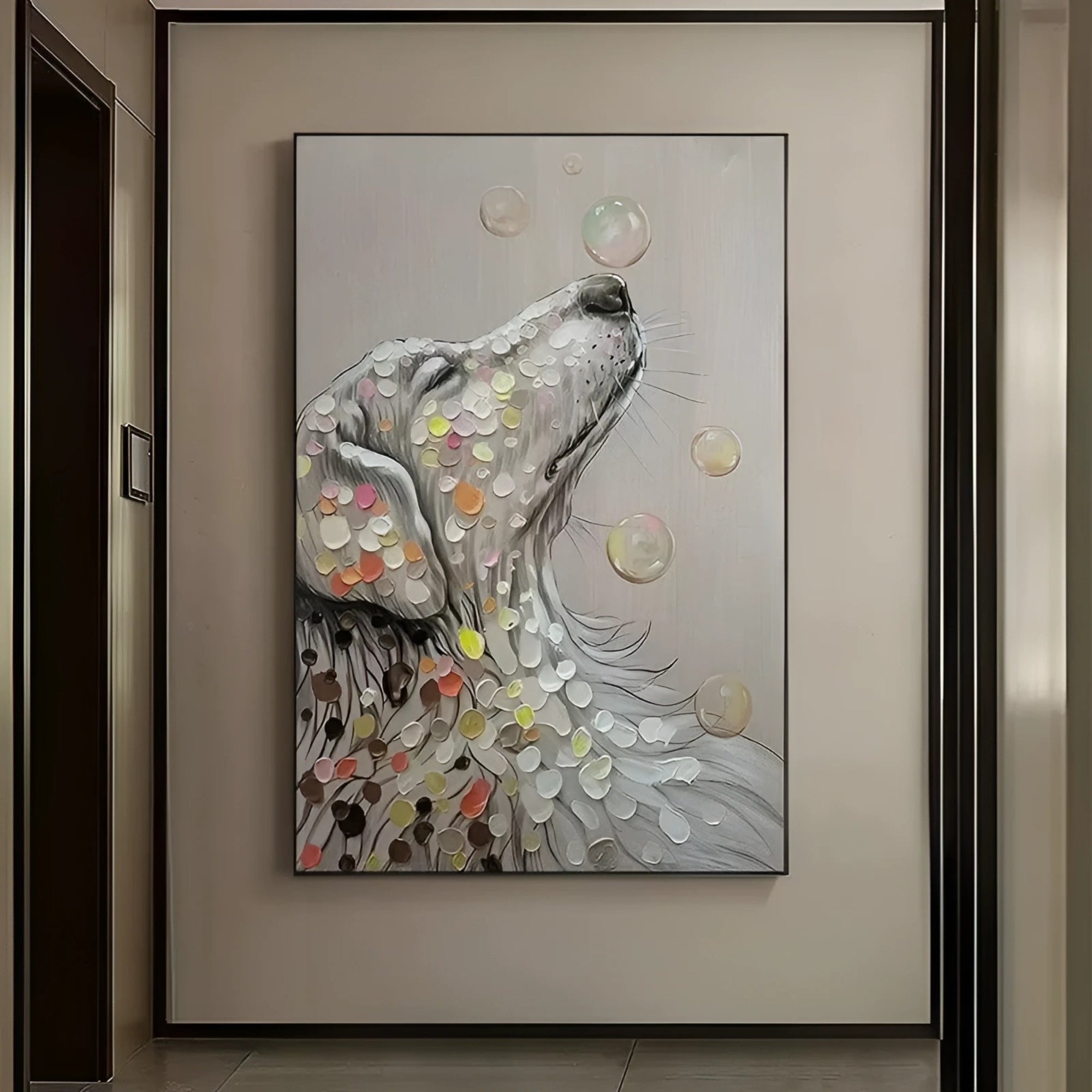 Colorful handmade oil painting of a dog, perfect for warm-toned living rooms or styled reading corners
