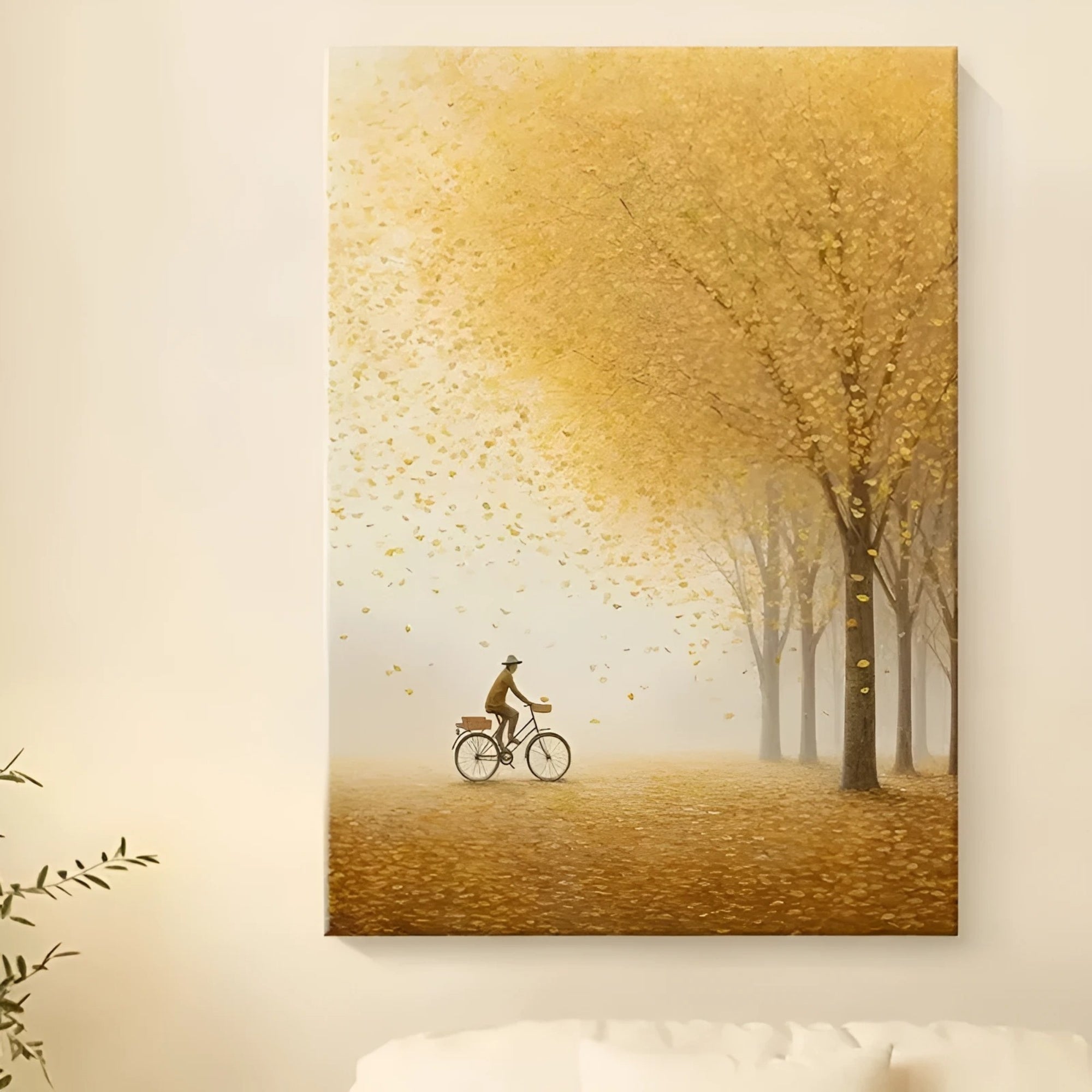 Golden forest scene in oil, ideal for neutral-toned living rooms or minimalist dining spaces