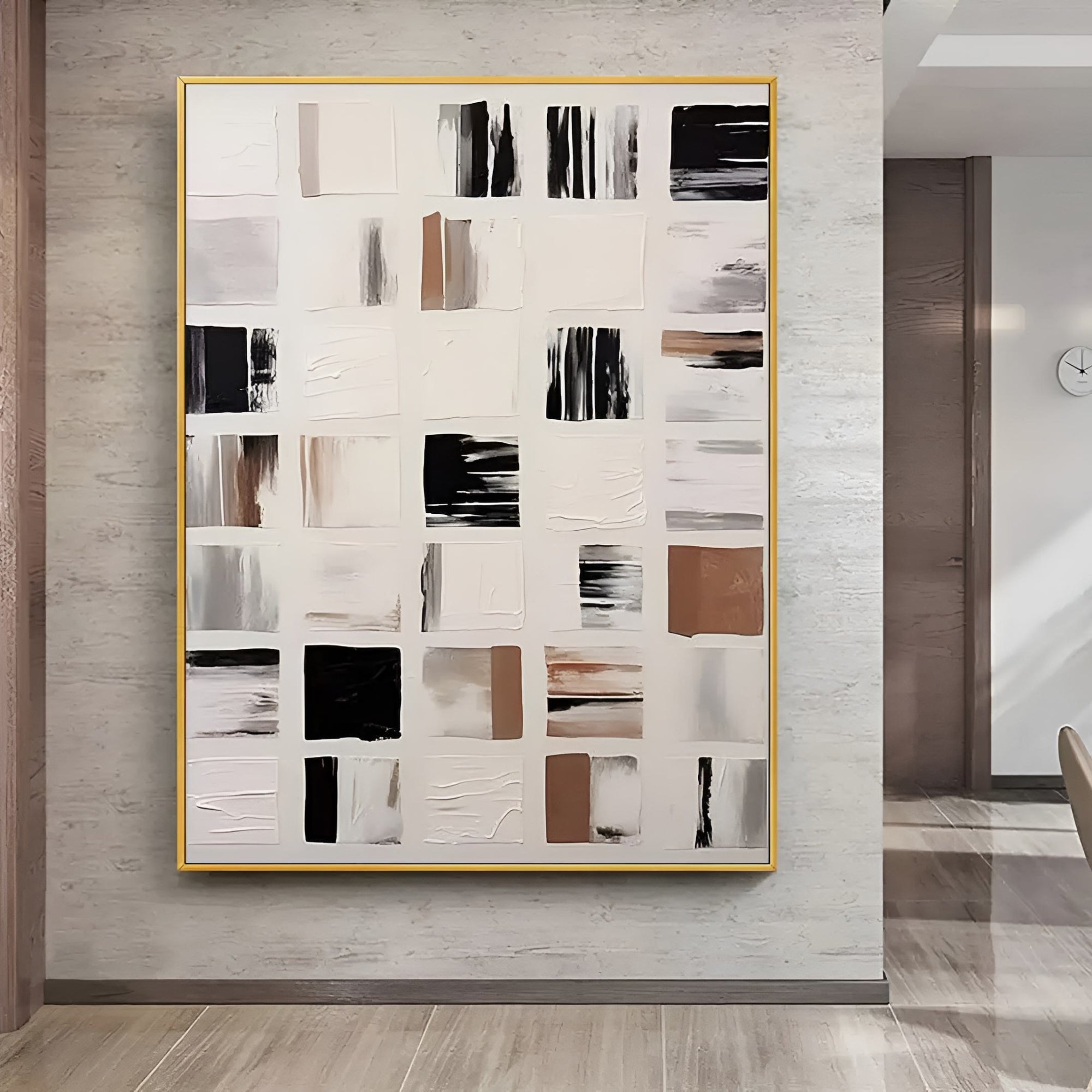 A structured yet artistic grid of expressive brushwork in calming neutral colors, bringing visual interest and serenity to contemporary living or dining spaces.