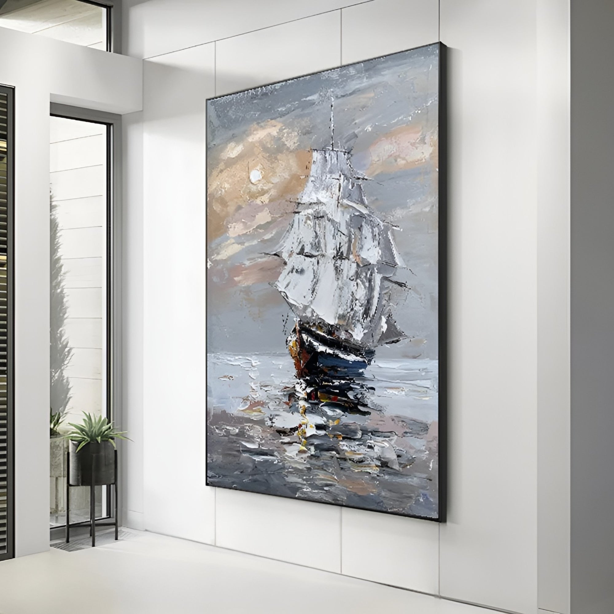 Nautical-themed wall art with textured brushstrokes, showing a sailboat on calm waters in an office interior.