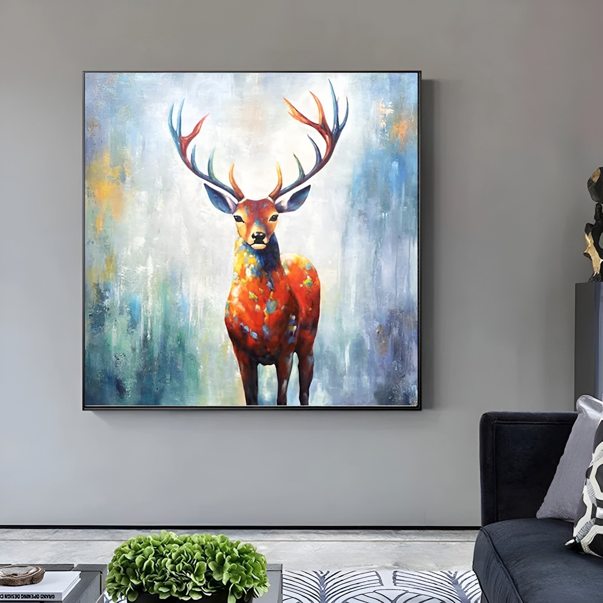 Handmade oil painting of a vibrant deer with antlers on a textured abstract background for modern interior decor.