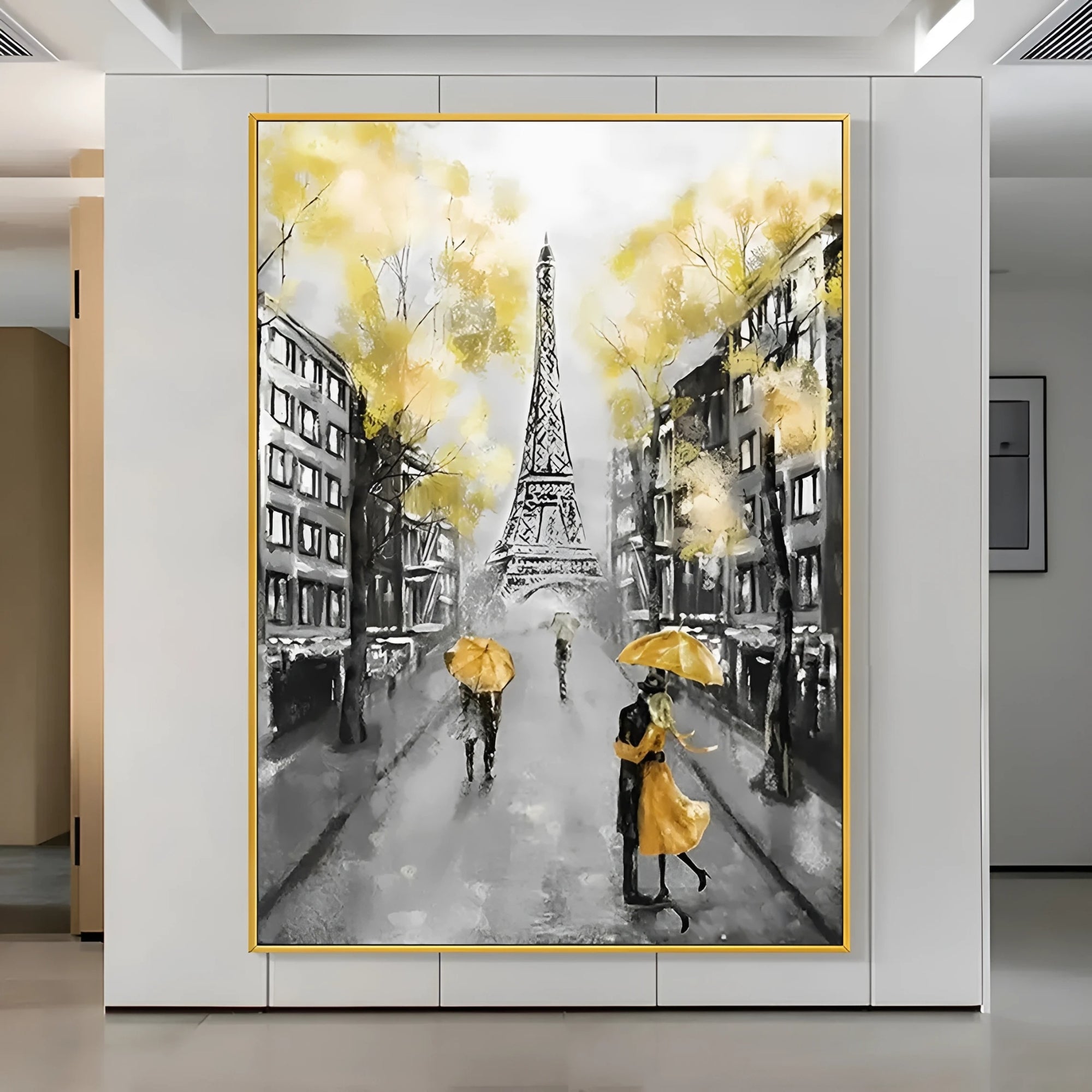 Hand-painted Paris street scene featuring the Eiffel Tower in the background, with yellow umbrellas adding a pop of color against monochrome buildings.