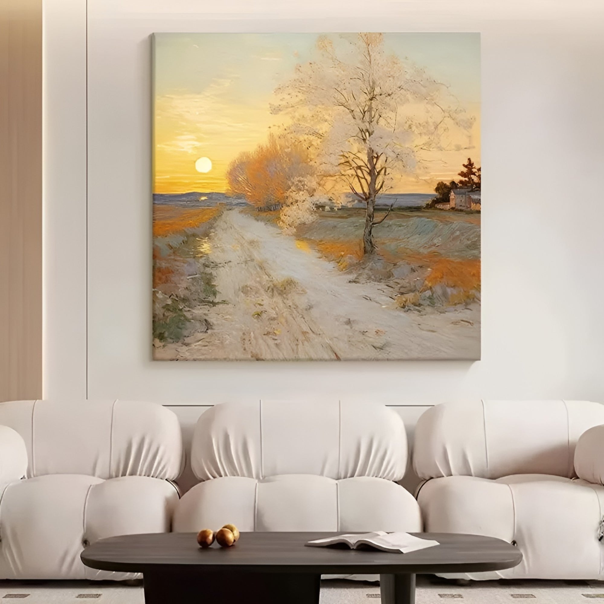 Warm handmade autumn landscape artwork with sunlit trees and rustic path in modern interior decor.