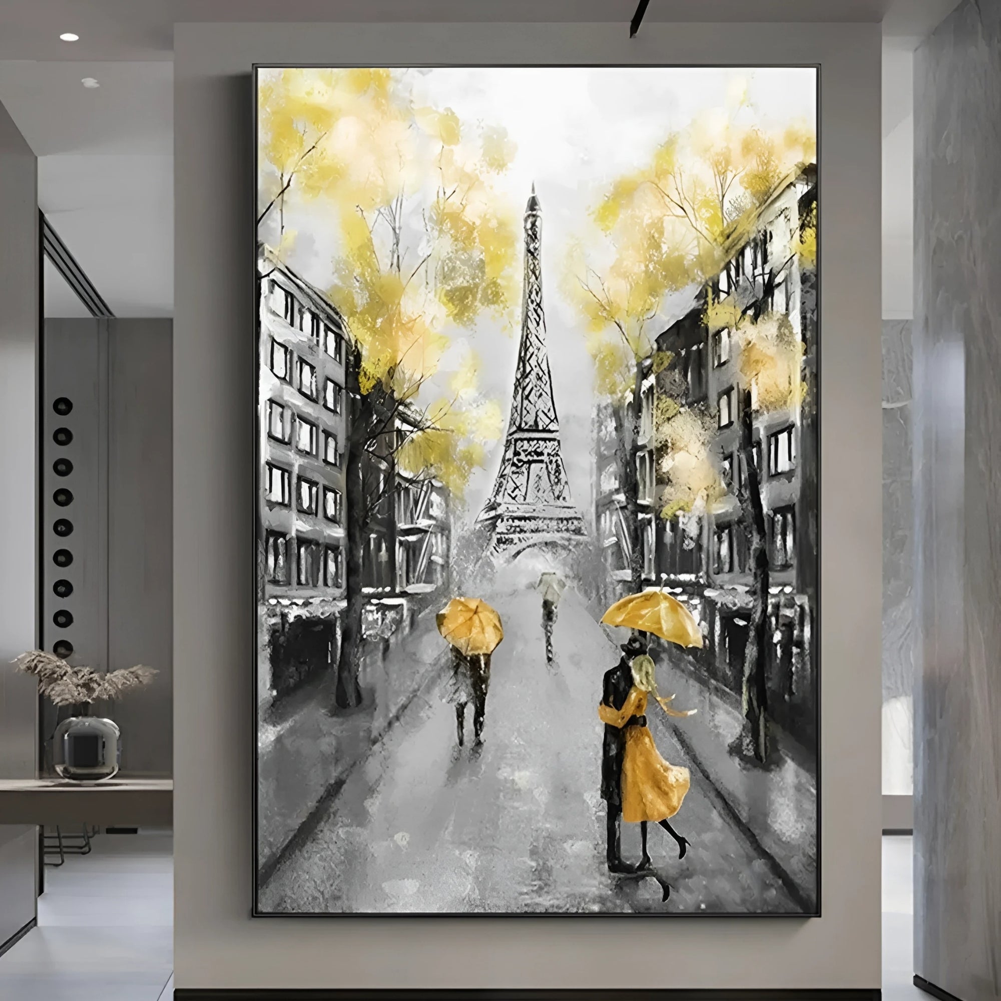 Black, white, and yellow toned cityscape artwork depicting a romantic street view in Paris with the Eiffel Tower in the distance.
