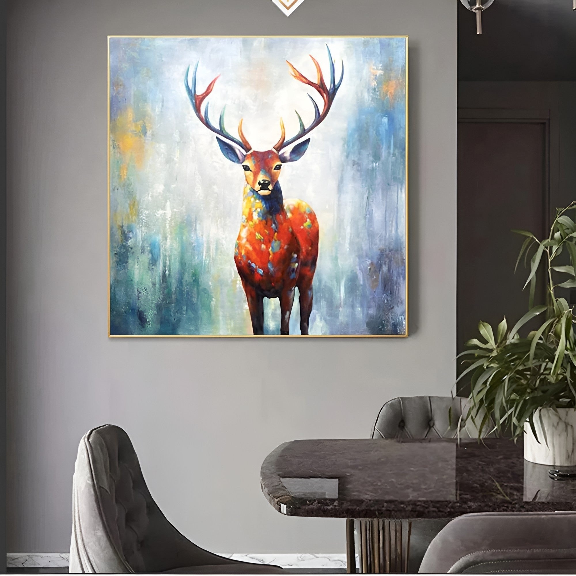 Colorful deer artwork, handmade with oil paint, perfect for rustic and contemporary living room wall decoration.