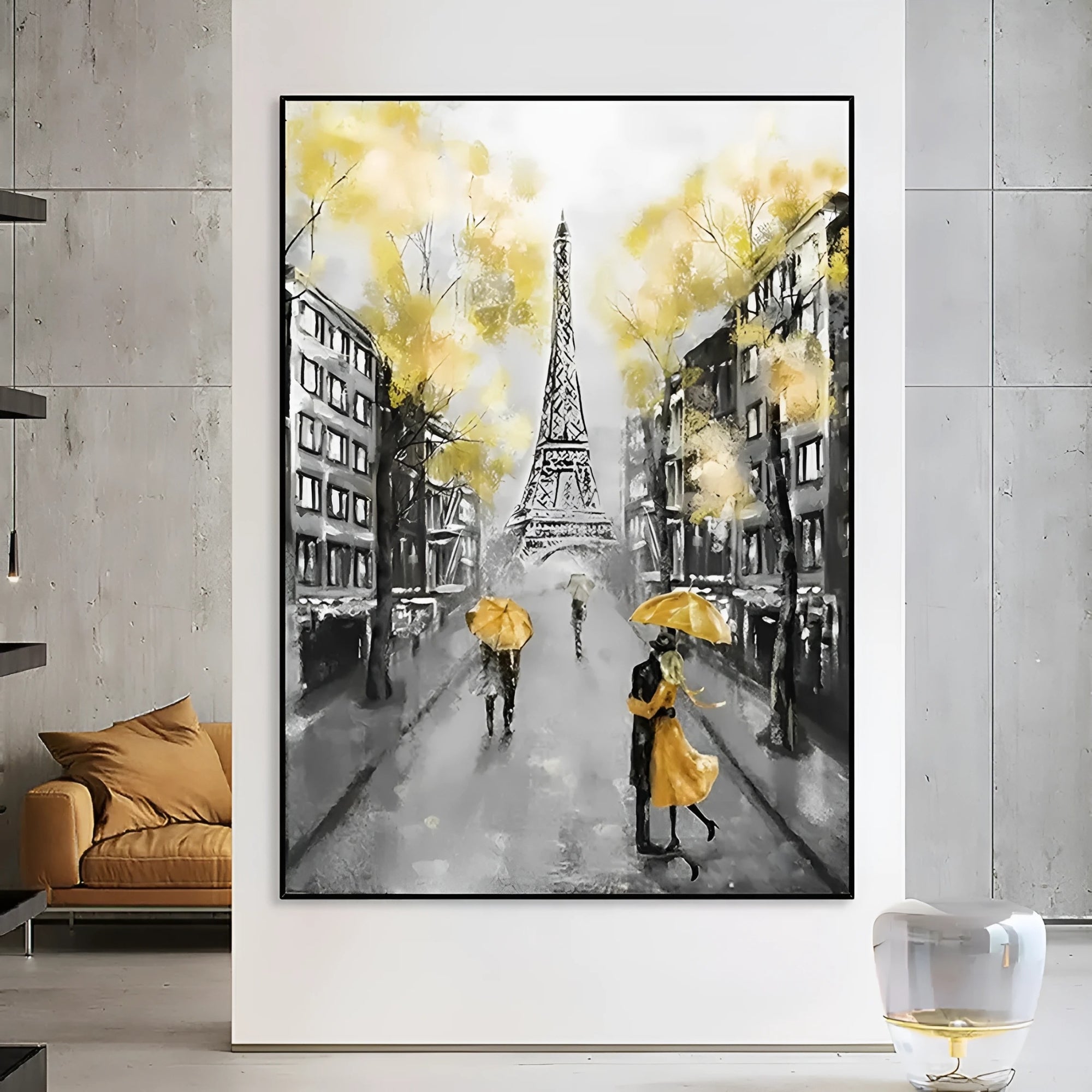 Romantic couple sharing a yellow umbrella in front of the Eiffel Tower, painted in a modern impressionist style with soft grays and vibrant yellow highlights
