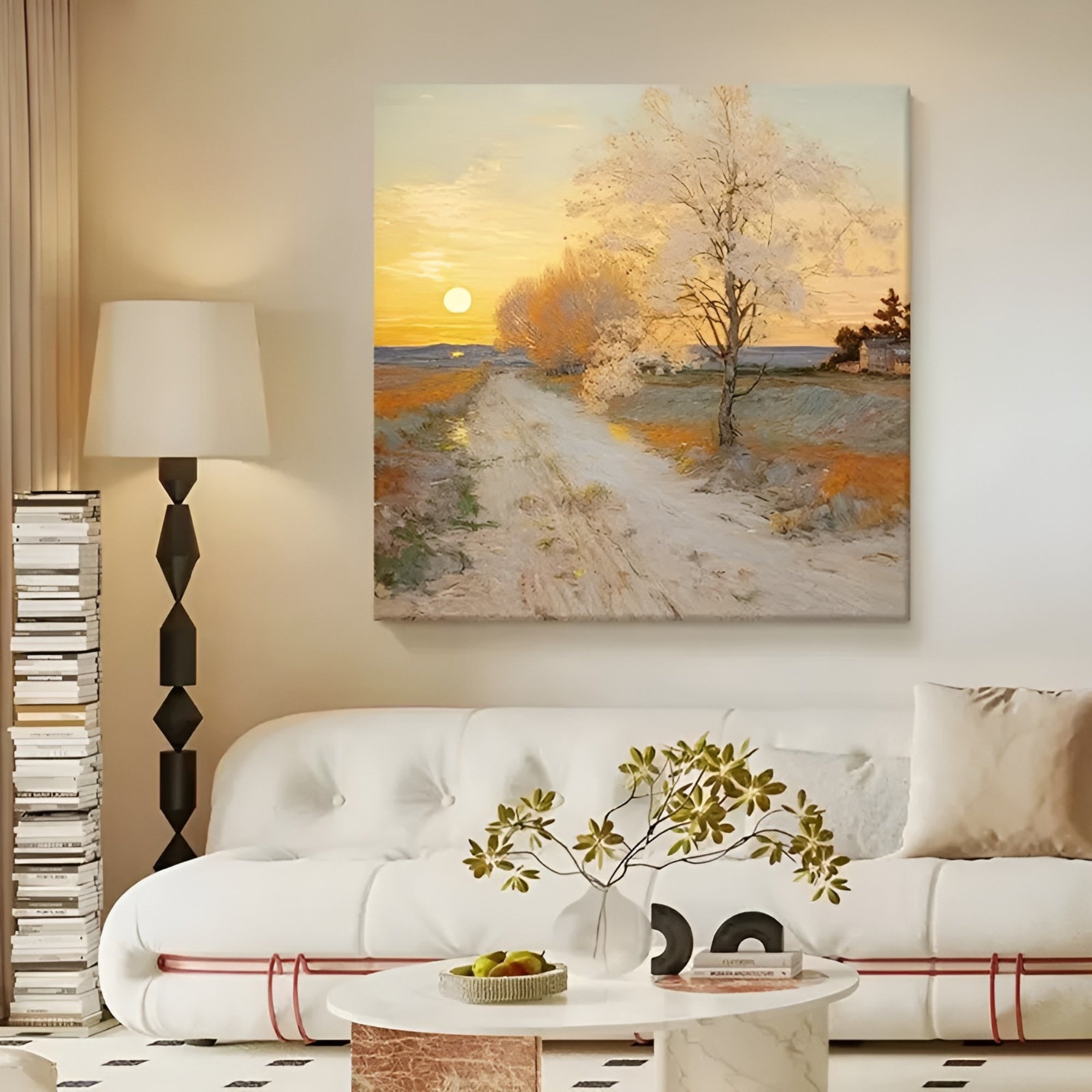 Handmade sunset path landscape oil painting in cozy living room with neutral tones and soft natural lighting.