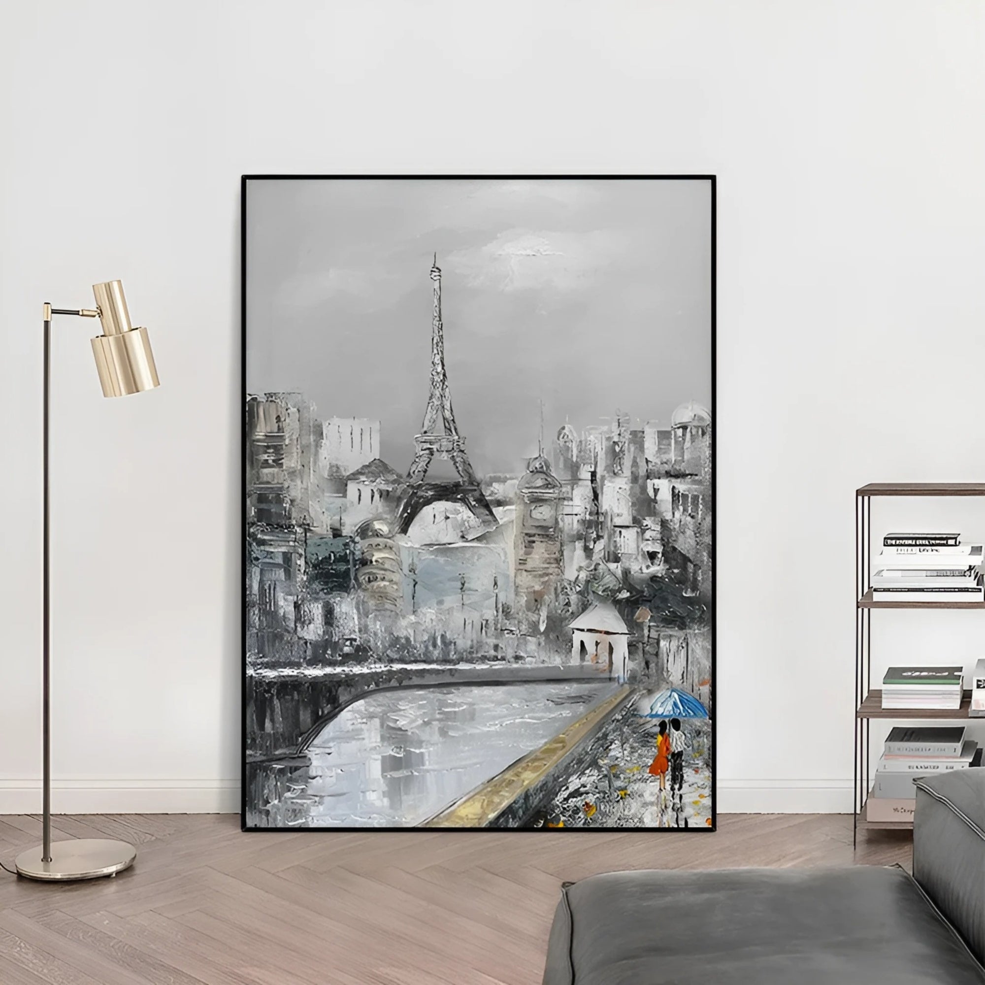 Hand-painted Eiffel Tower art for modern spaces – A detailed impressionist scene of Paris with a reflective river, adding elegance and story to any hallway or living room. Complements Scandinavian, modern, or urban interiors beautifully.