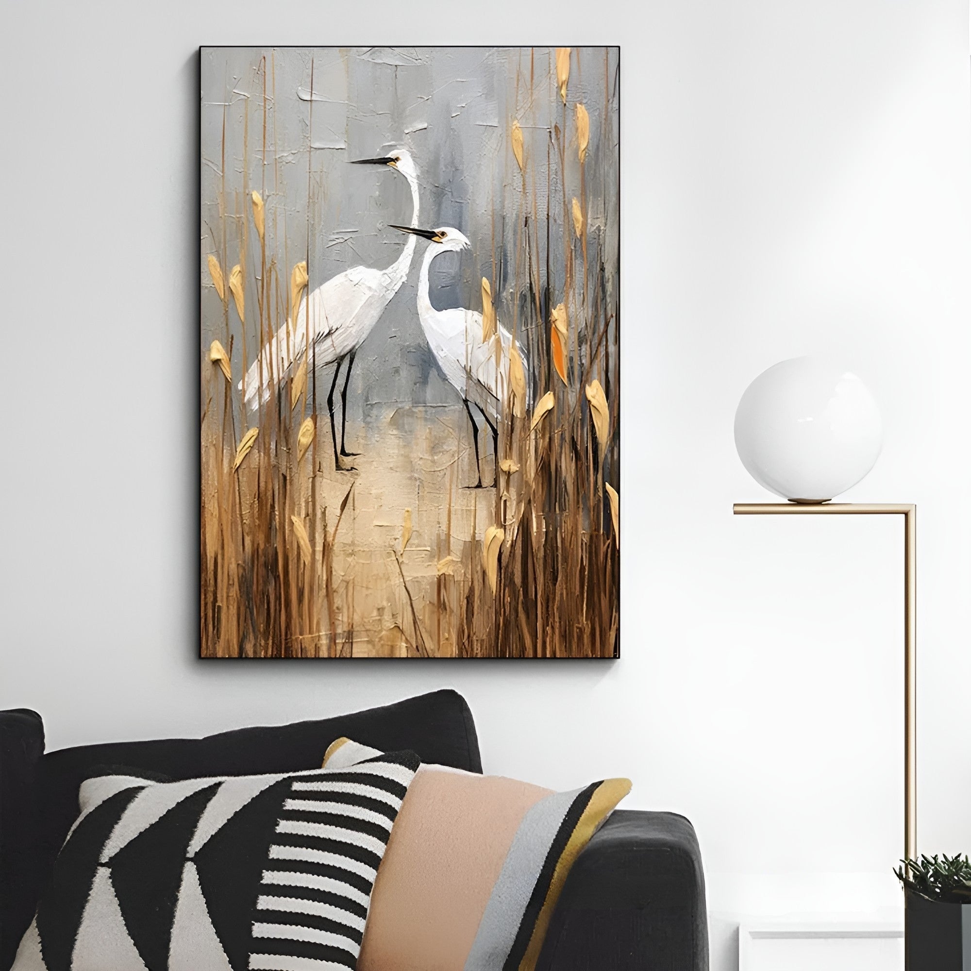 Handmade oil painting of two elegant white birds in reeds, perfect for tranquil, nature-inspired home decor.