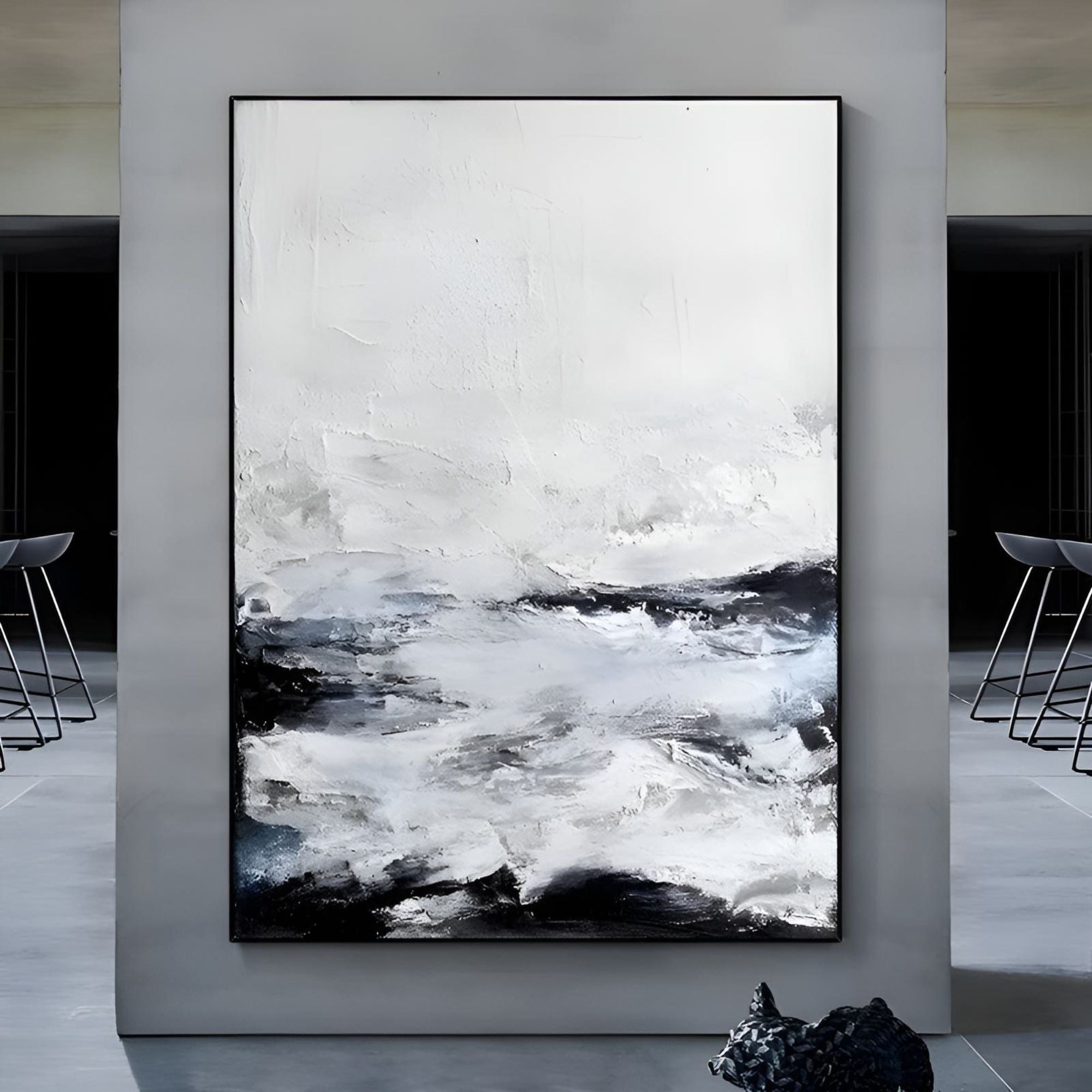 Monochrome handmade oil painting with a stormy sea vibe, great for modern office walls.