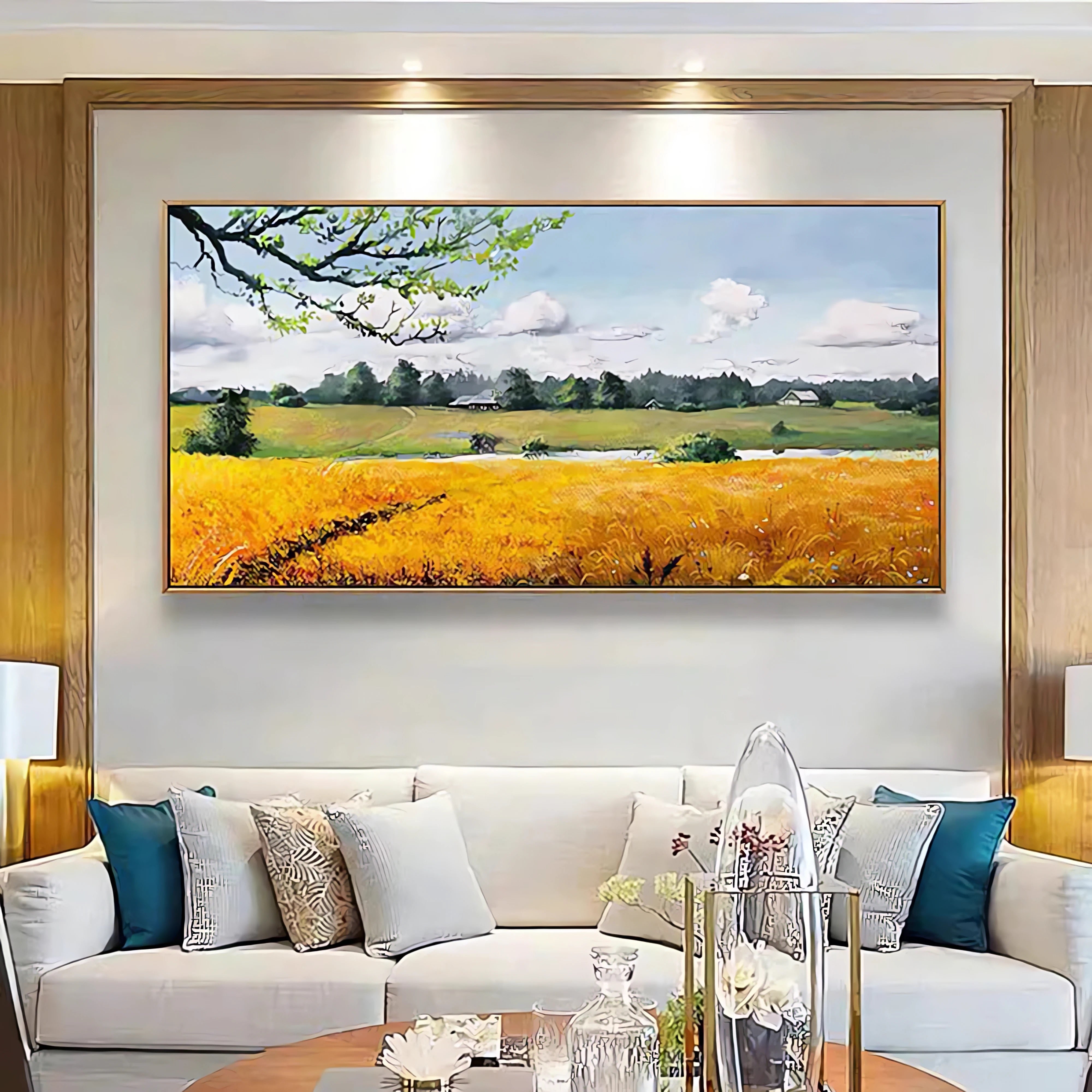Expressive field landscape painting with textured brushstrokes and golden hues, perfect for boho-chic interiors, guest rooms, or modern country homes