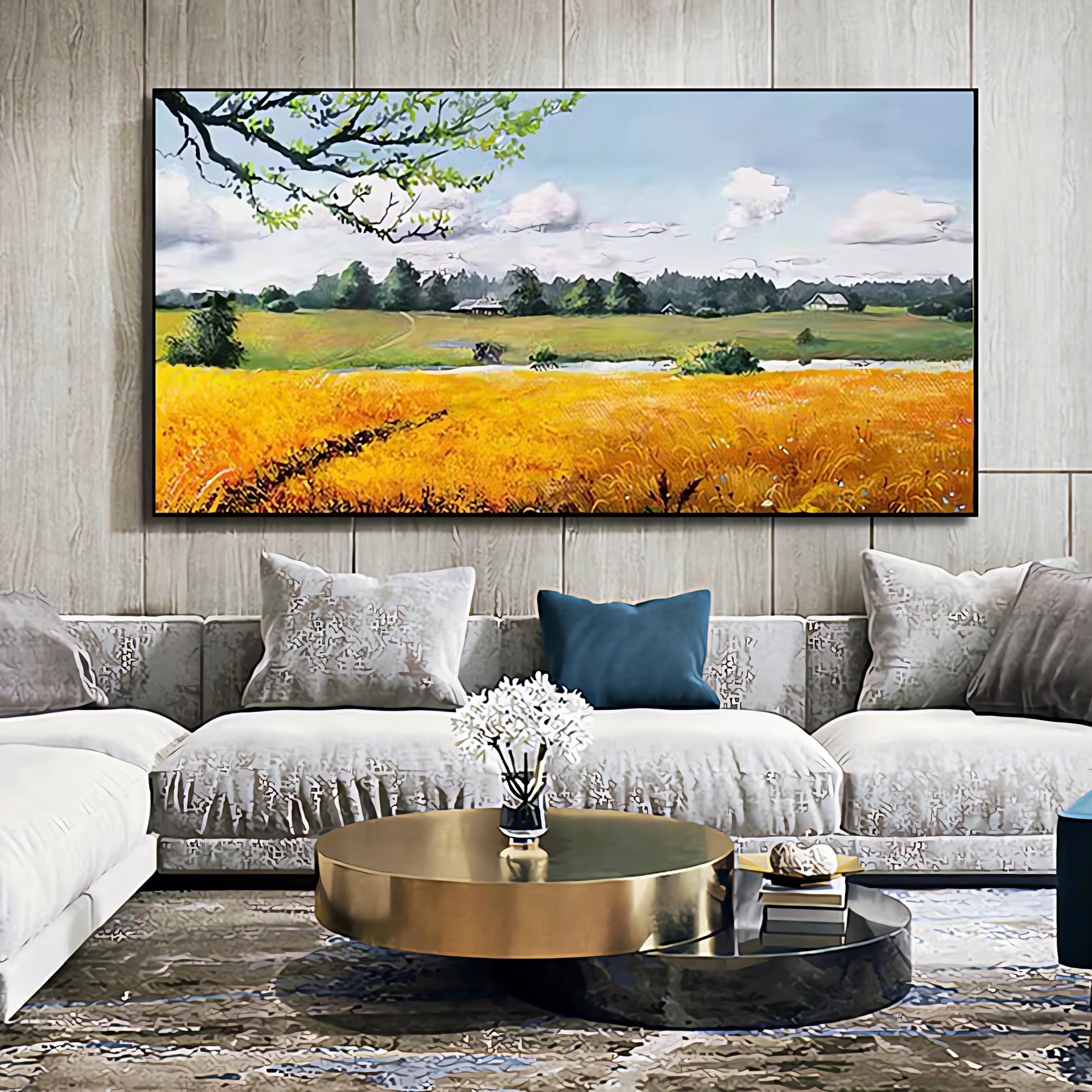 Vibrant oil painting of a summer field, rich in yellow tones with soft blue skies—brings a cheerful, calming touch to bedrooms, home offices, or sunrooms.