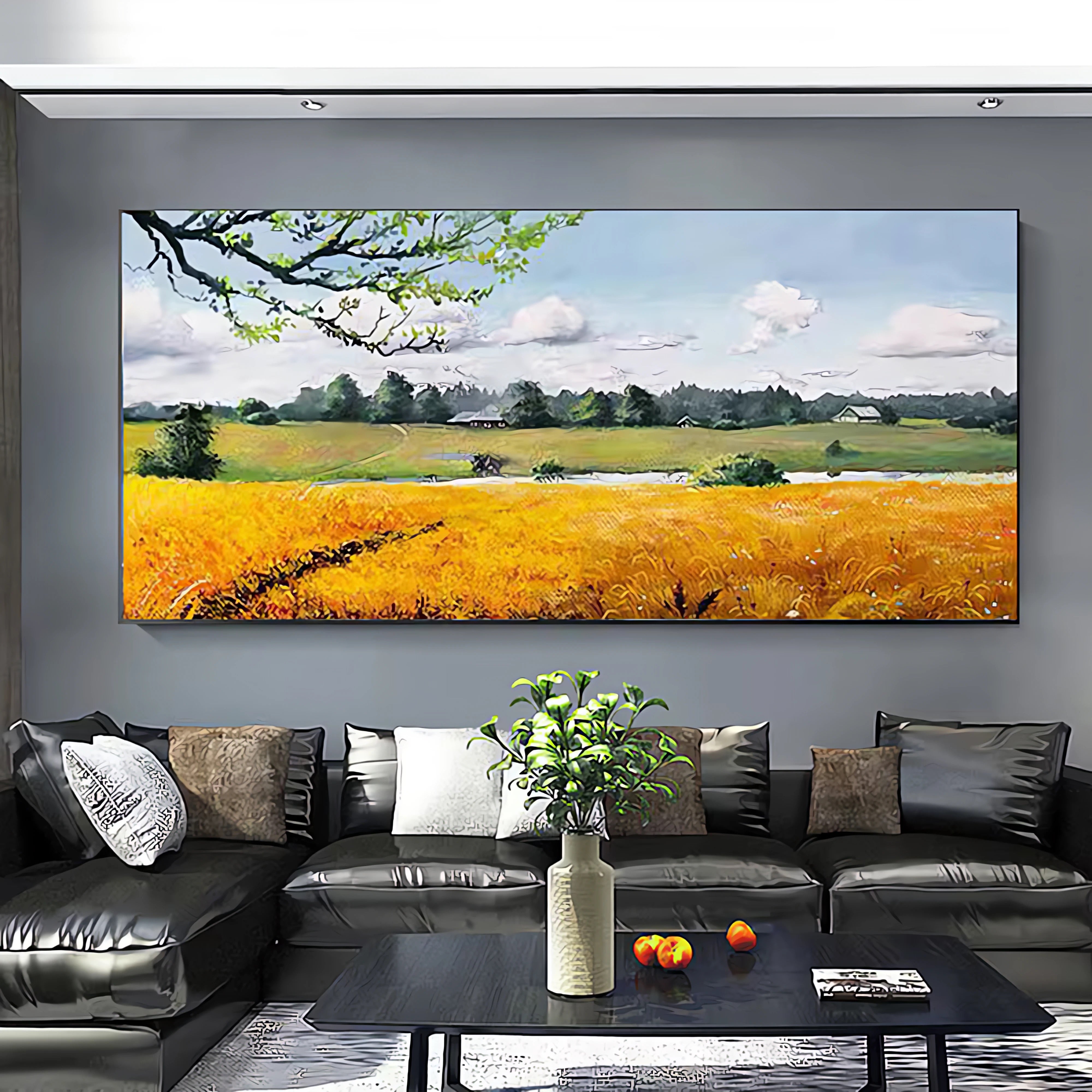 A vivid landscape painting capturing a golden-yellow wheat field under a bright blue sky, perfect for adding warmth and light to living rooms, hallways, or cozy reading nooks.