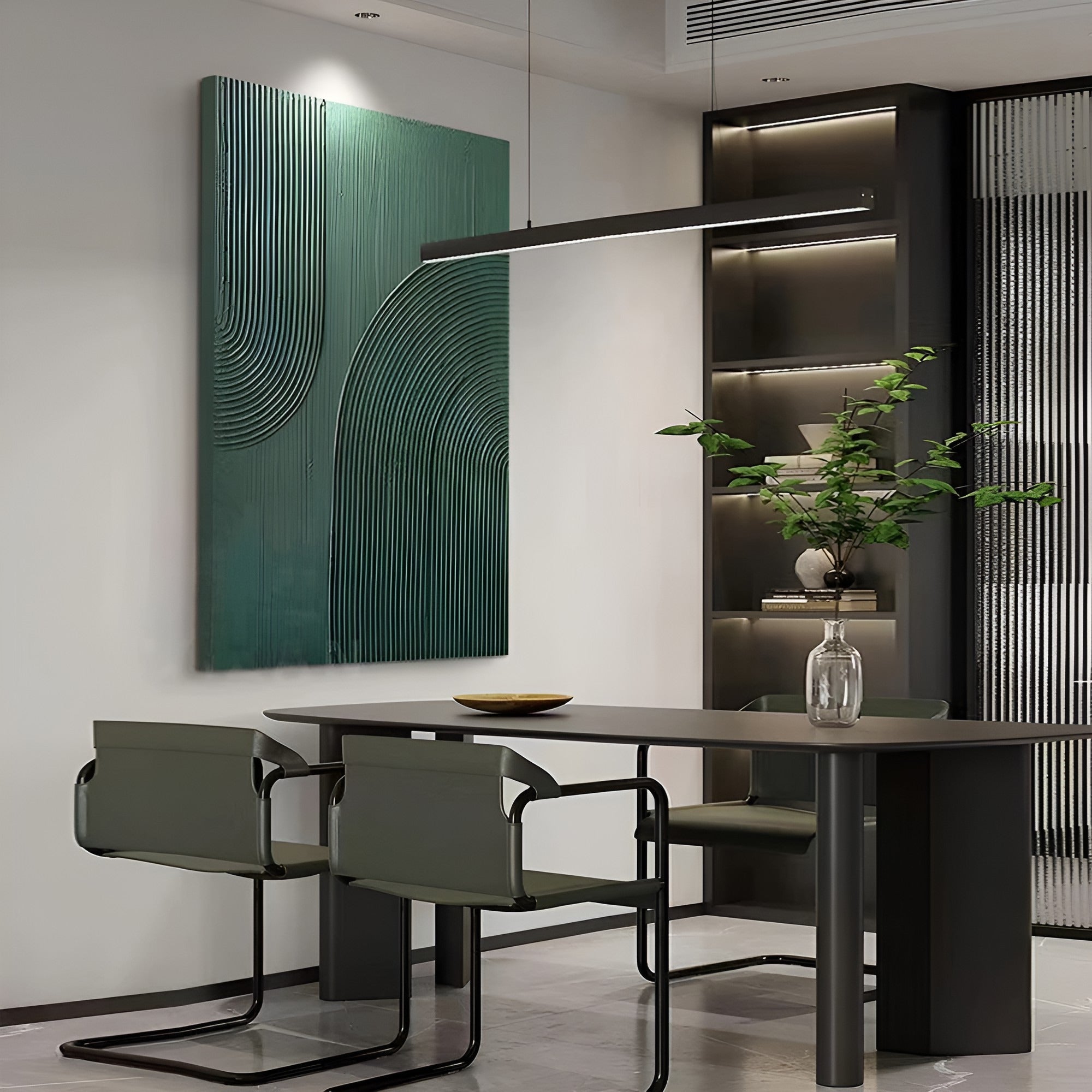 Green minimalist geometric artwork that adds depth and sophistication to modern spaces like libraries or lounges.