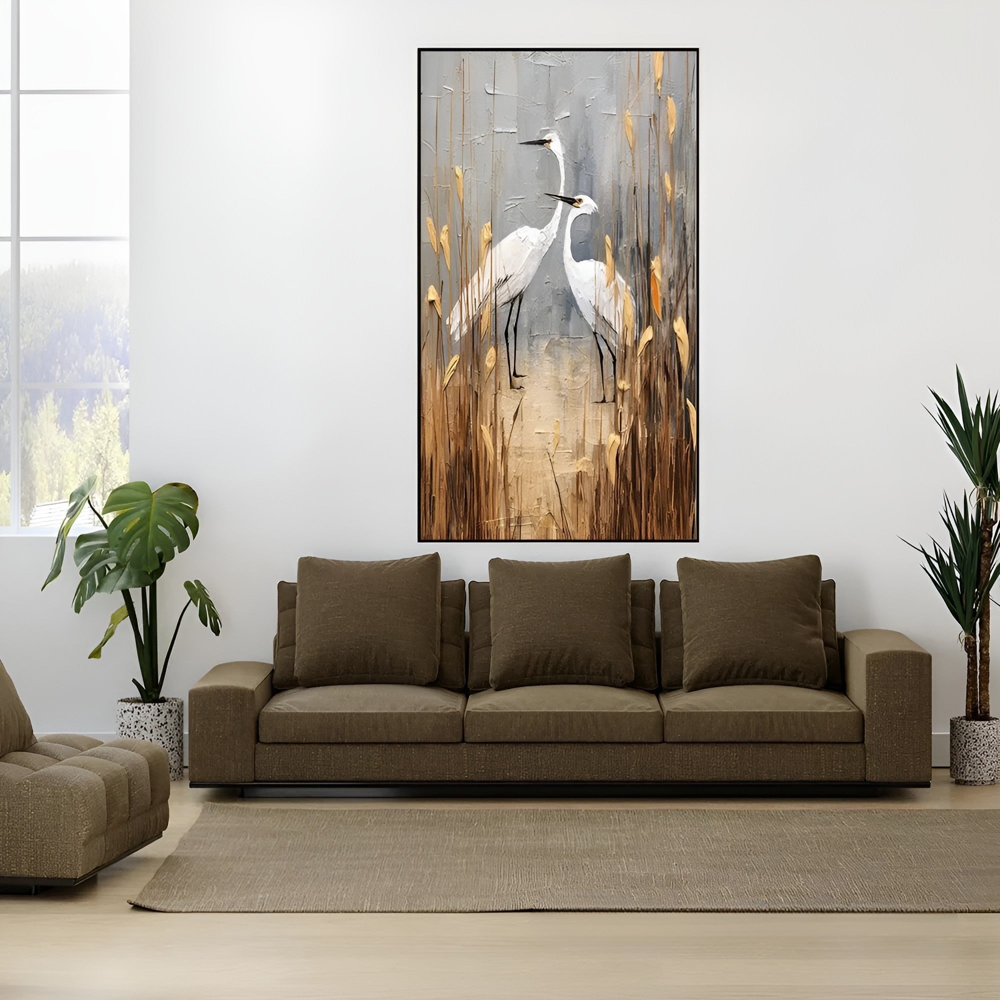 Nature-inspired handmade painting of white birds in golden grass, ideal wall art for modern and rustic interiors.