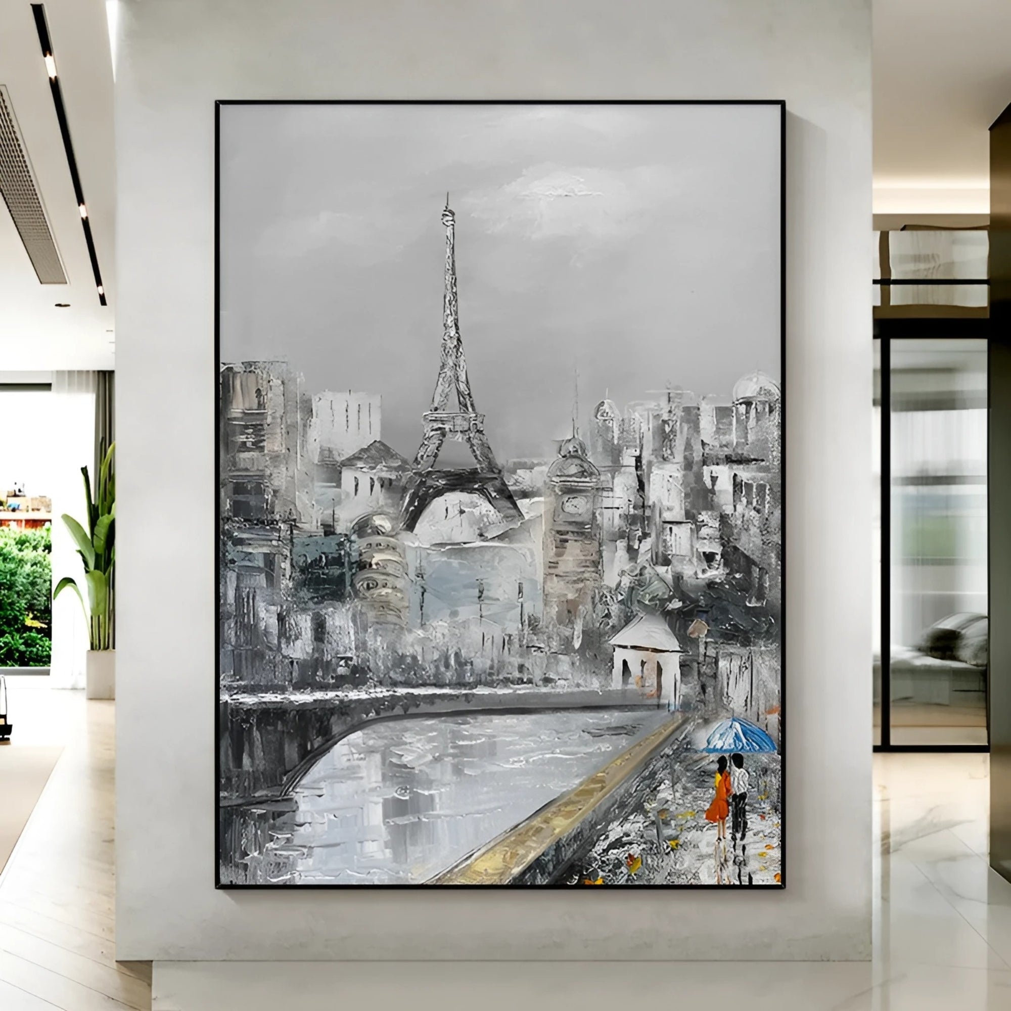 Eiffel Tower cityscape wall art – A vertically framed textured painting capturing the charm of Paris architecture, bridges, and rainy-day reflections. Looks stunning in modern living rooms, reading nooks, or as a statement piece in an office
