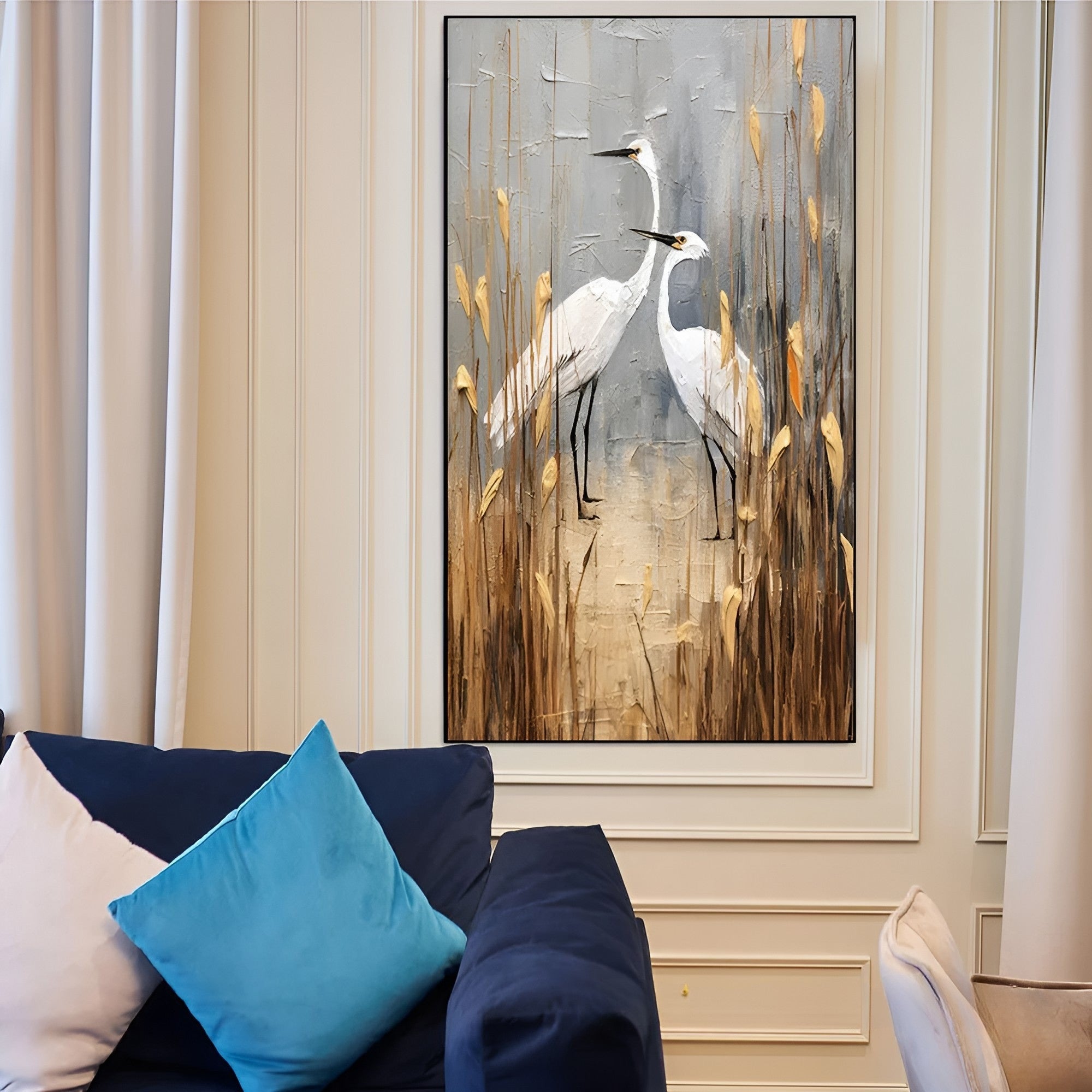 Elegant crane birds in marshland scene, handmade oil painting for calming and stylish home wall decoration.