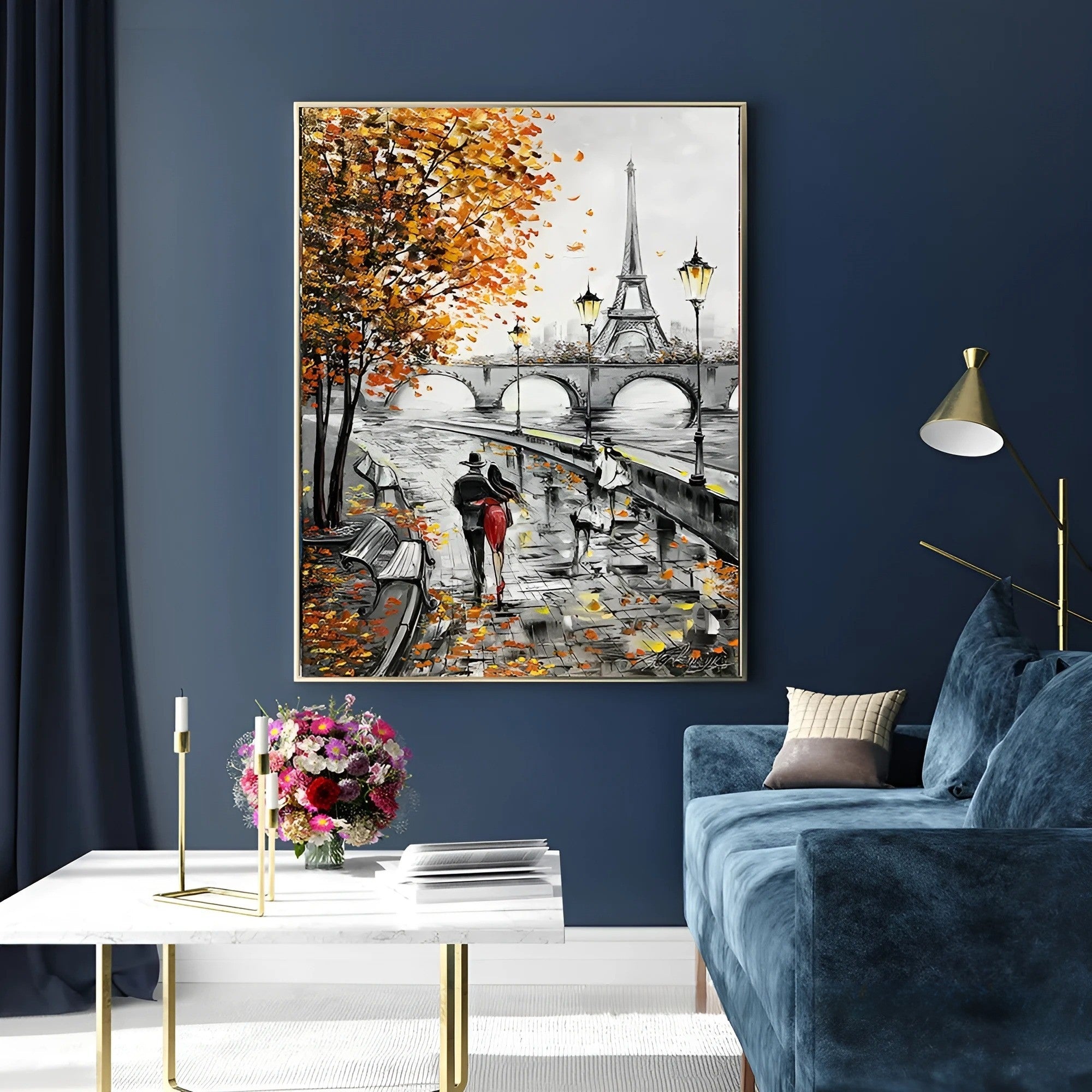 Hand-painted romantic couple under autumn trees – This cityscape artwork captures the charm of Paris with rich tones of orange, grey, and gold. A great fit for bedrooms or entrance hallways.